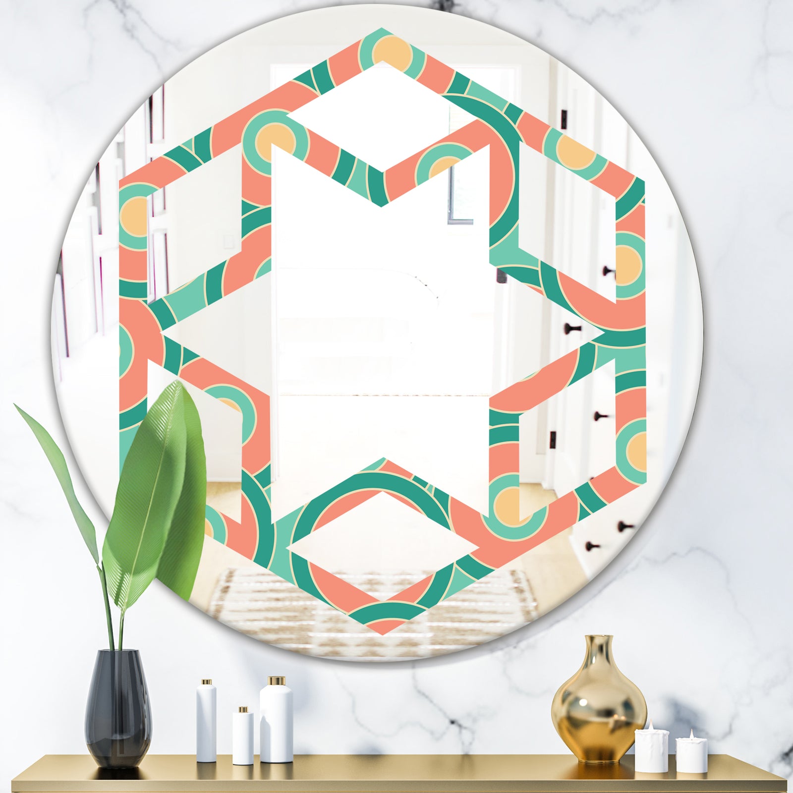 Retro Circular Pattern VI - Modern Round or Oval Wall Mirror - Hexagon Star
