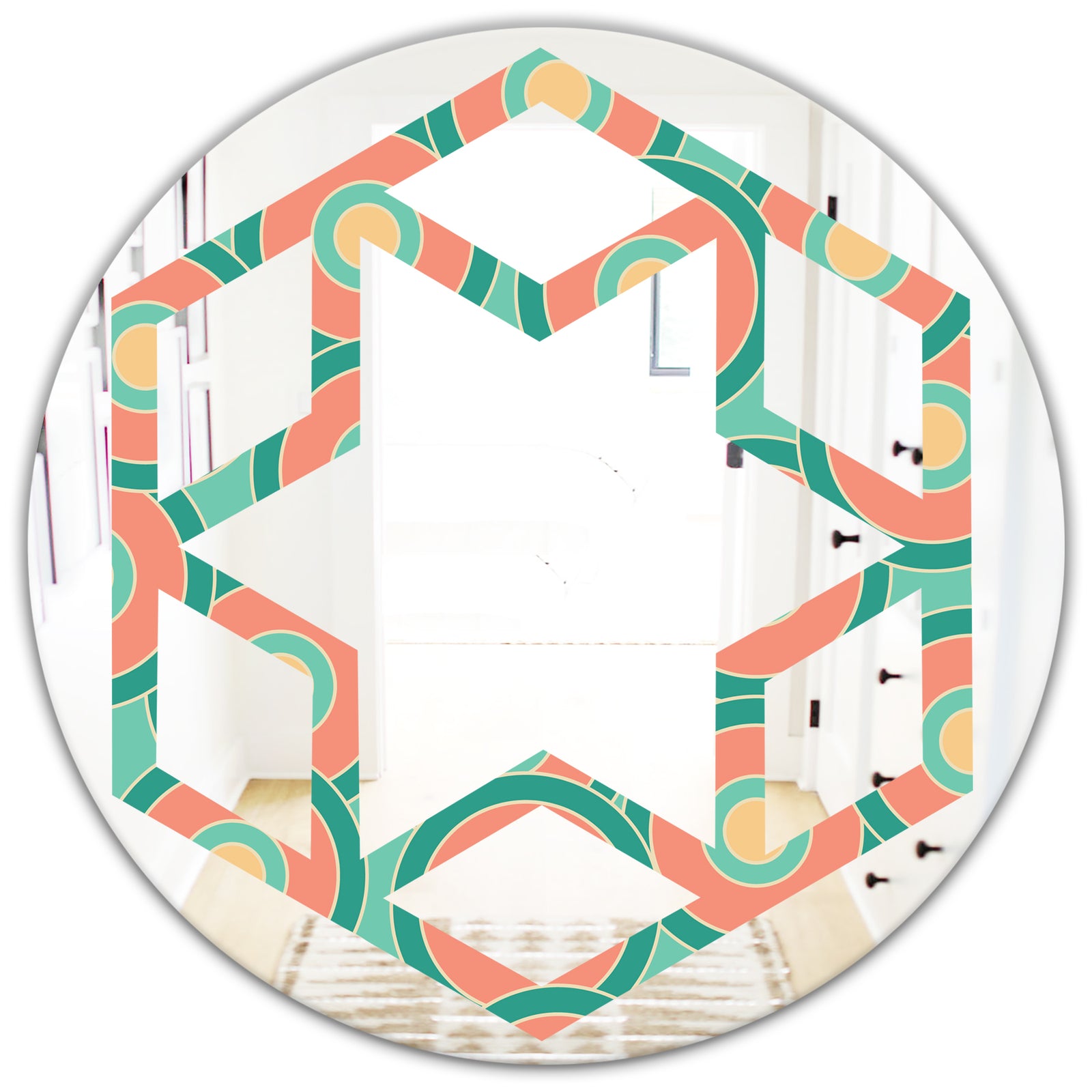 Retro Circular Pattern VI - Modern Round or Oval Wall Mirror - Hexagon Star
