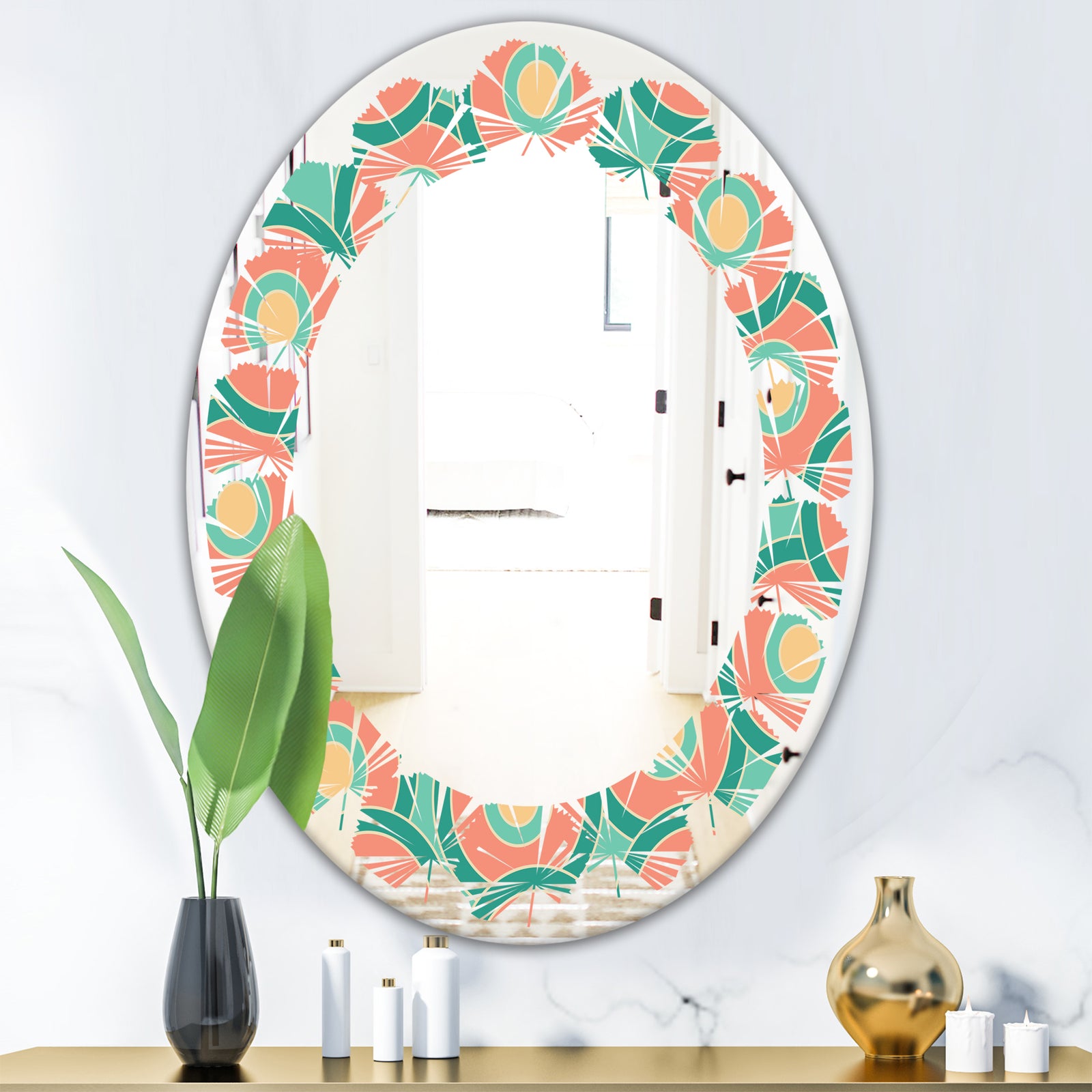 Retro Circular Pattern VI - Modern Round or Oval Wall Mirror - Leaves