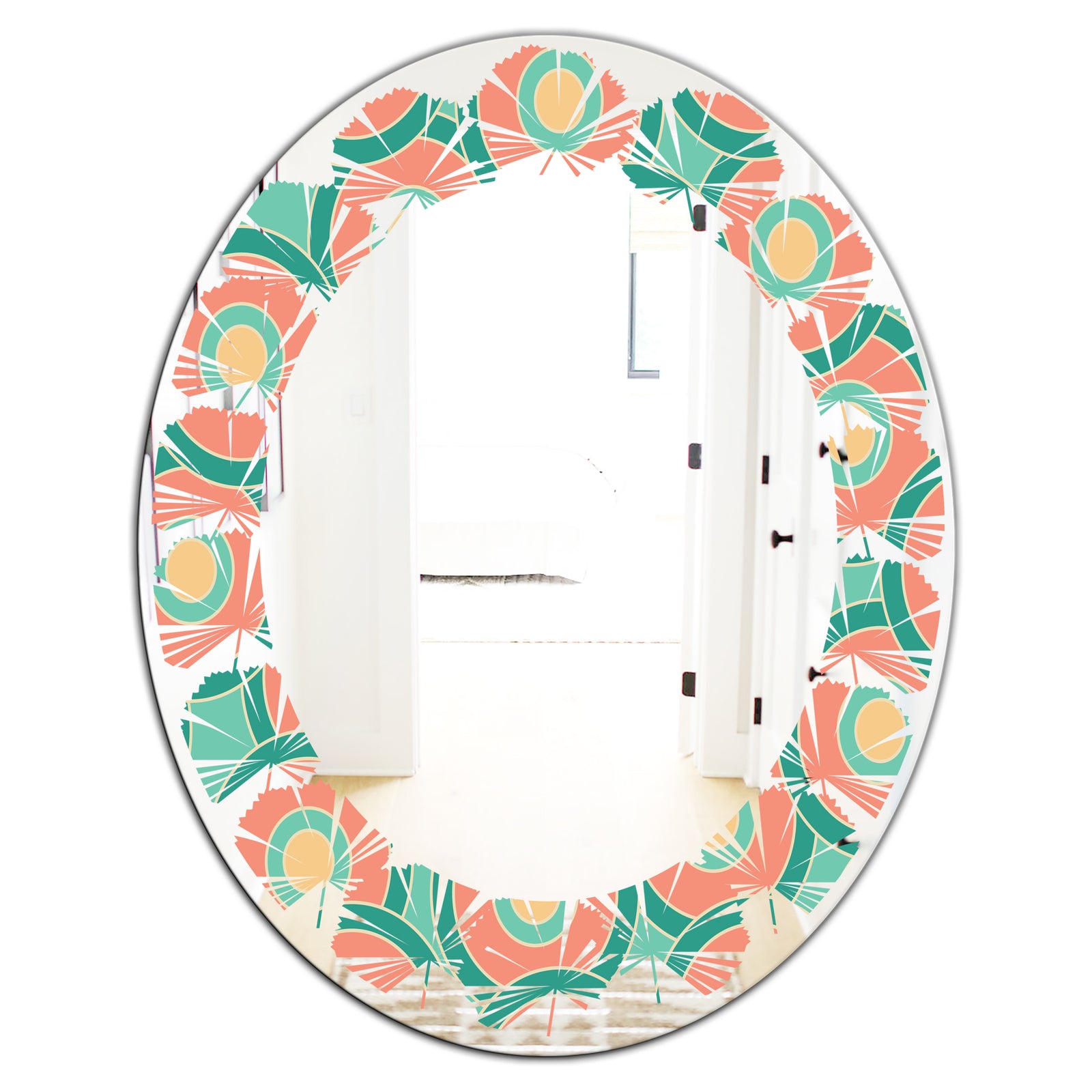 Retro Circular Pattern VI - Modern Round or Oval Wall Mirror - Leaves