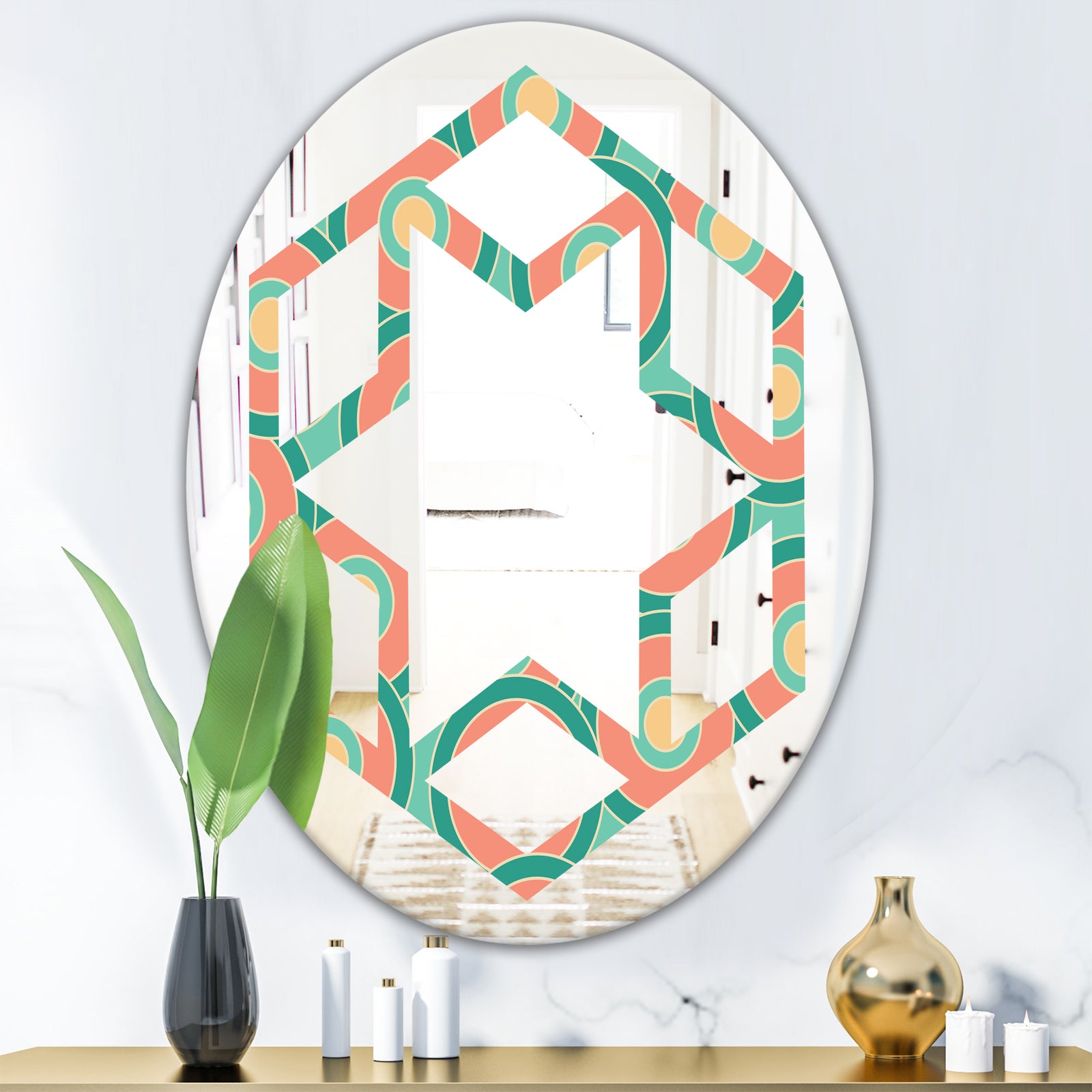 Retro Circular Pattern VI - Modern Round or Oval Wall Mirror - Hexagon Star