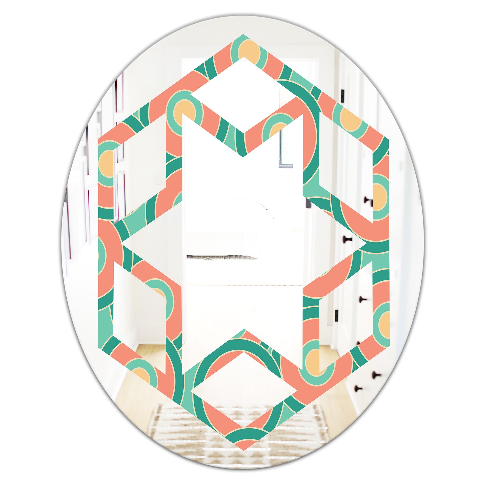 Retro Circular Pattern VI - Modern Round or Oval Wall Mirror - Hexagon Star