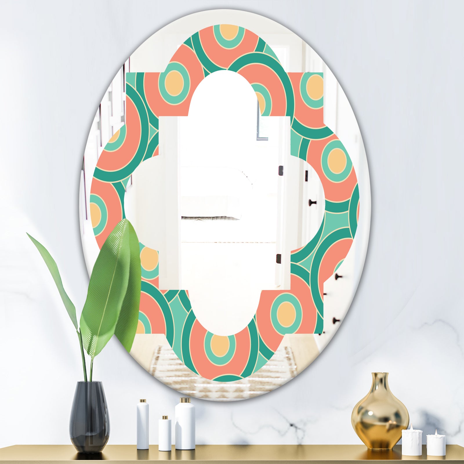 Retro Circular Pattern VI - Modern Round or Oval Wall Mirror - Quatrefoil