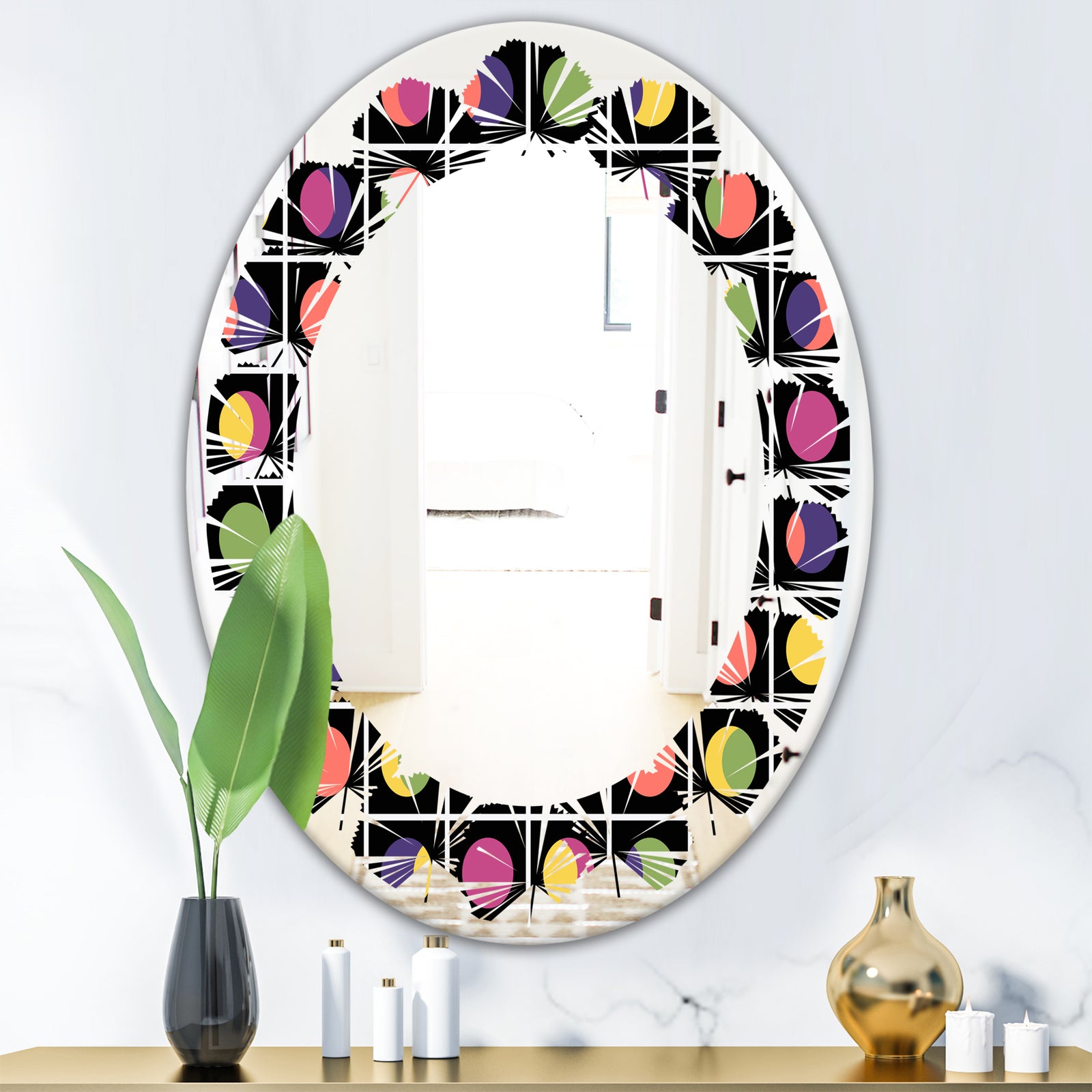 Retro Circular Moons - Modern Round or Oval Wall Mirror - Leaves