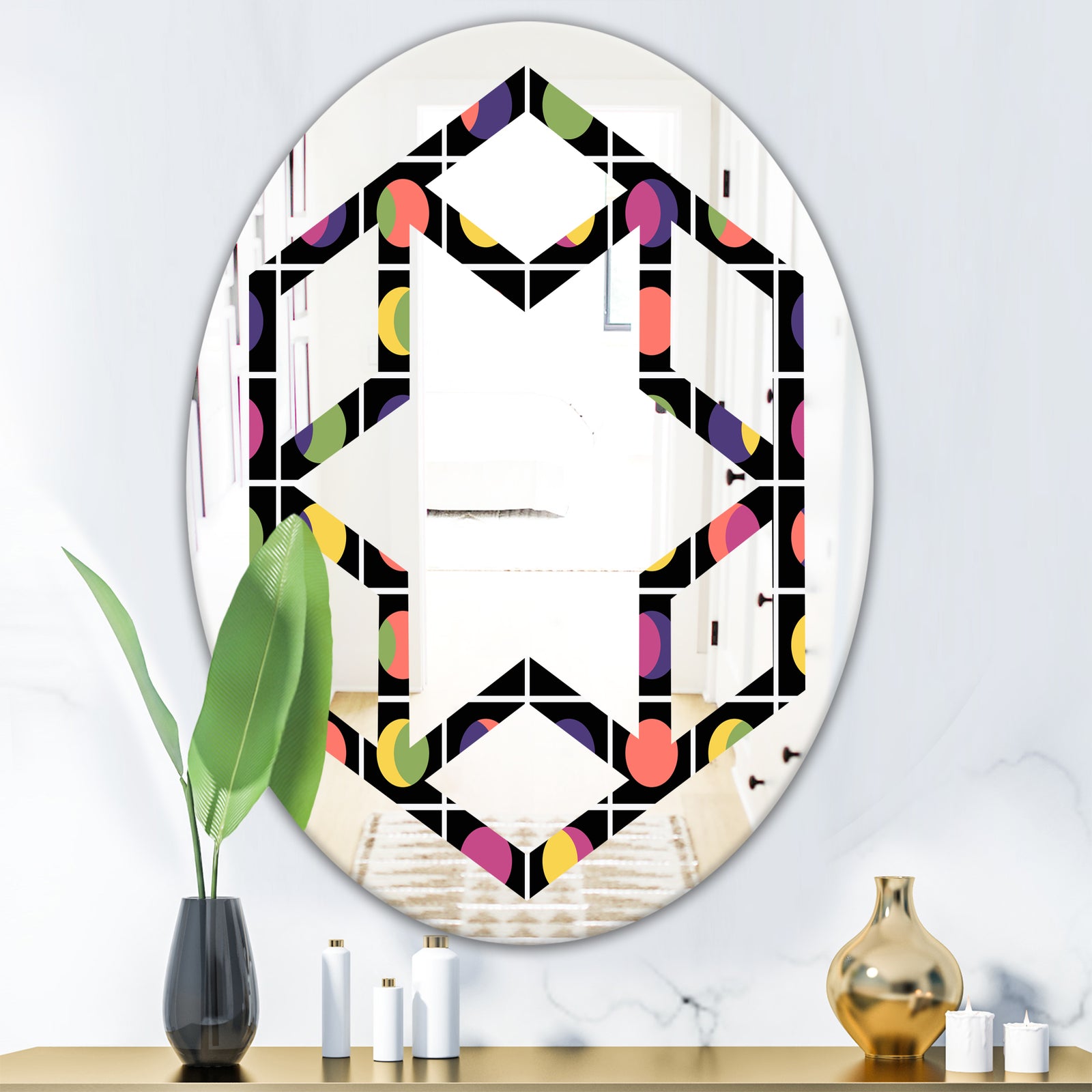 Retro Circular Moons - Modern Round or Oval Wall Mirror - Hexagon Star