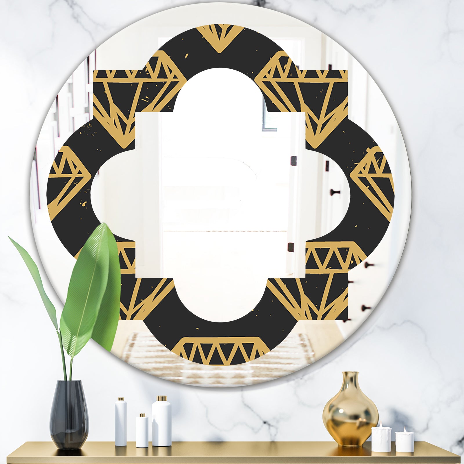 Vintage Golden Diamonds - Modern Round or Oval Wall Mirror - Quatrefoil