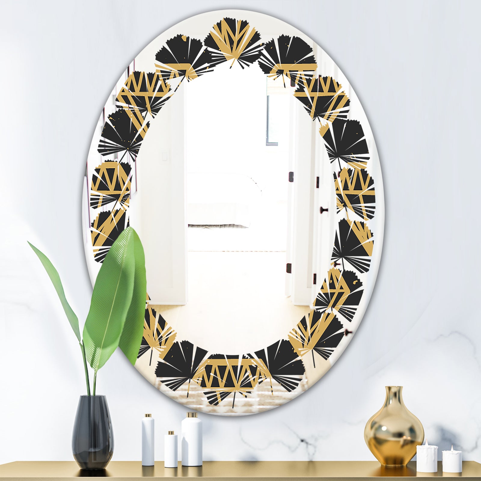 Vintage Golden Diamonds - Modern Round or Oval Wall Mirror - Leaves