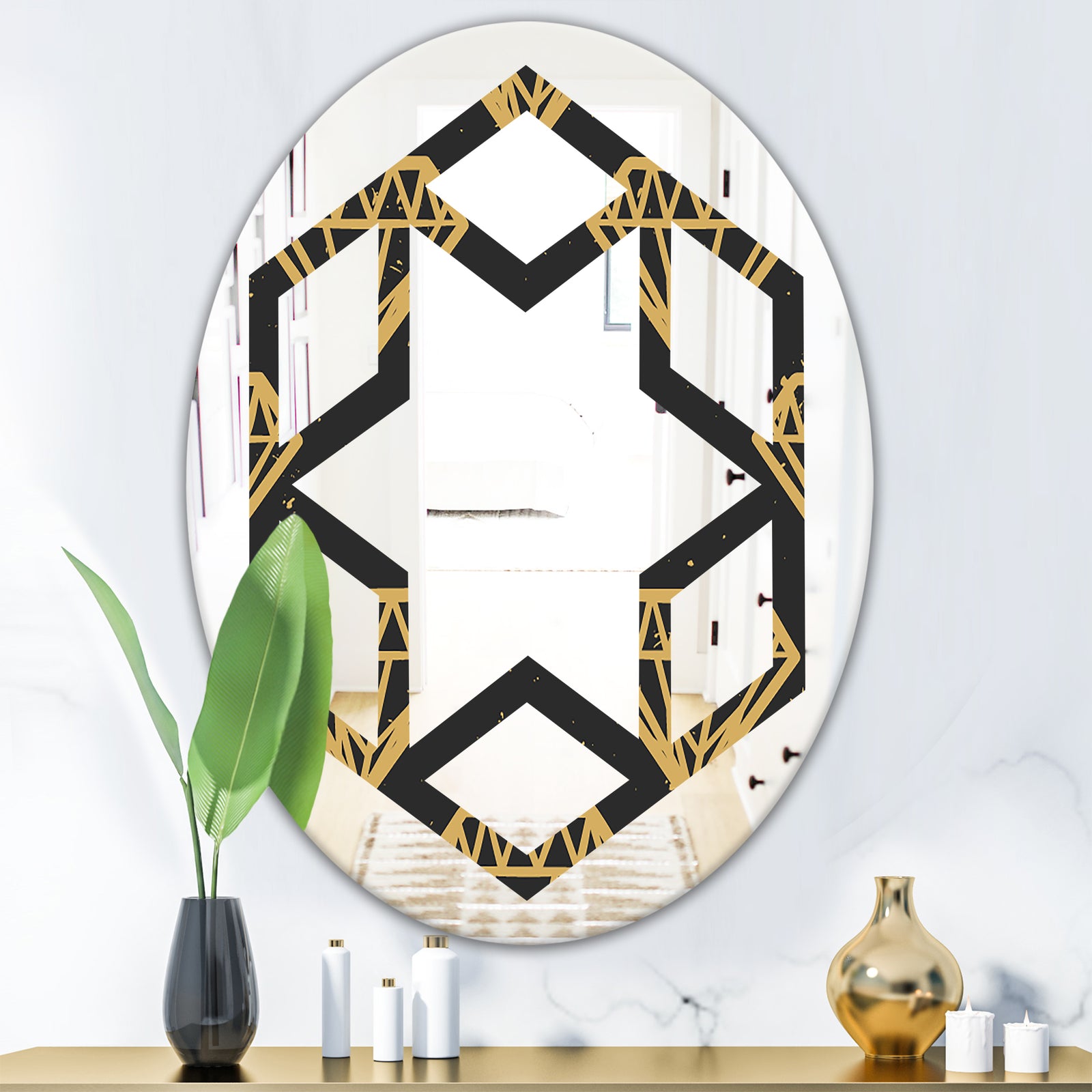 Vintage Golden Diamonds - Modern Round or Oval Wall Mirror - Hexagon Star