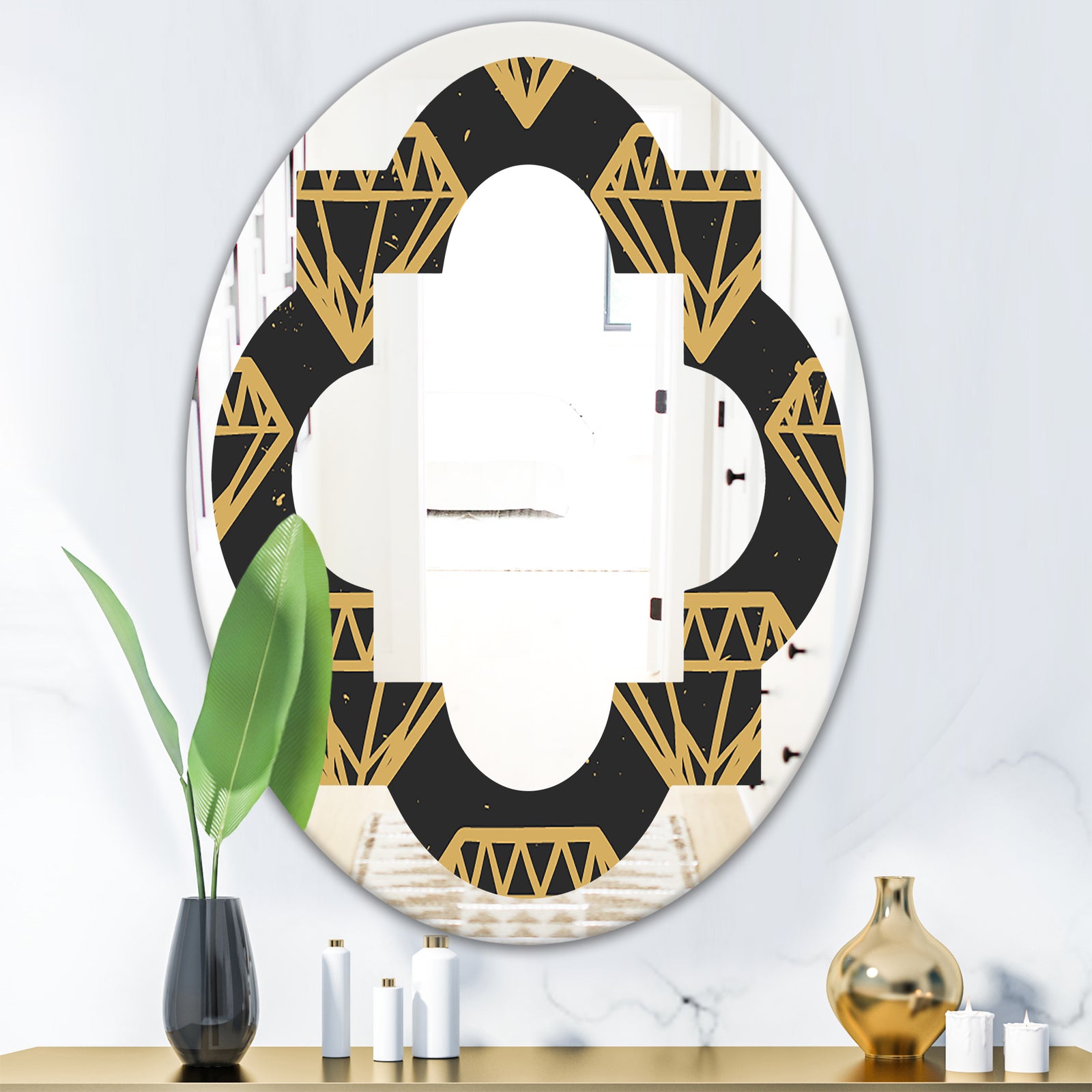 Vintage Golden Diamonds - Modern Round or Oval Wall Mirror - Quatrefoil