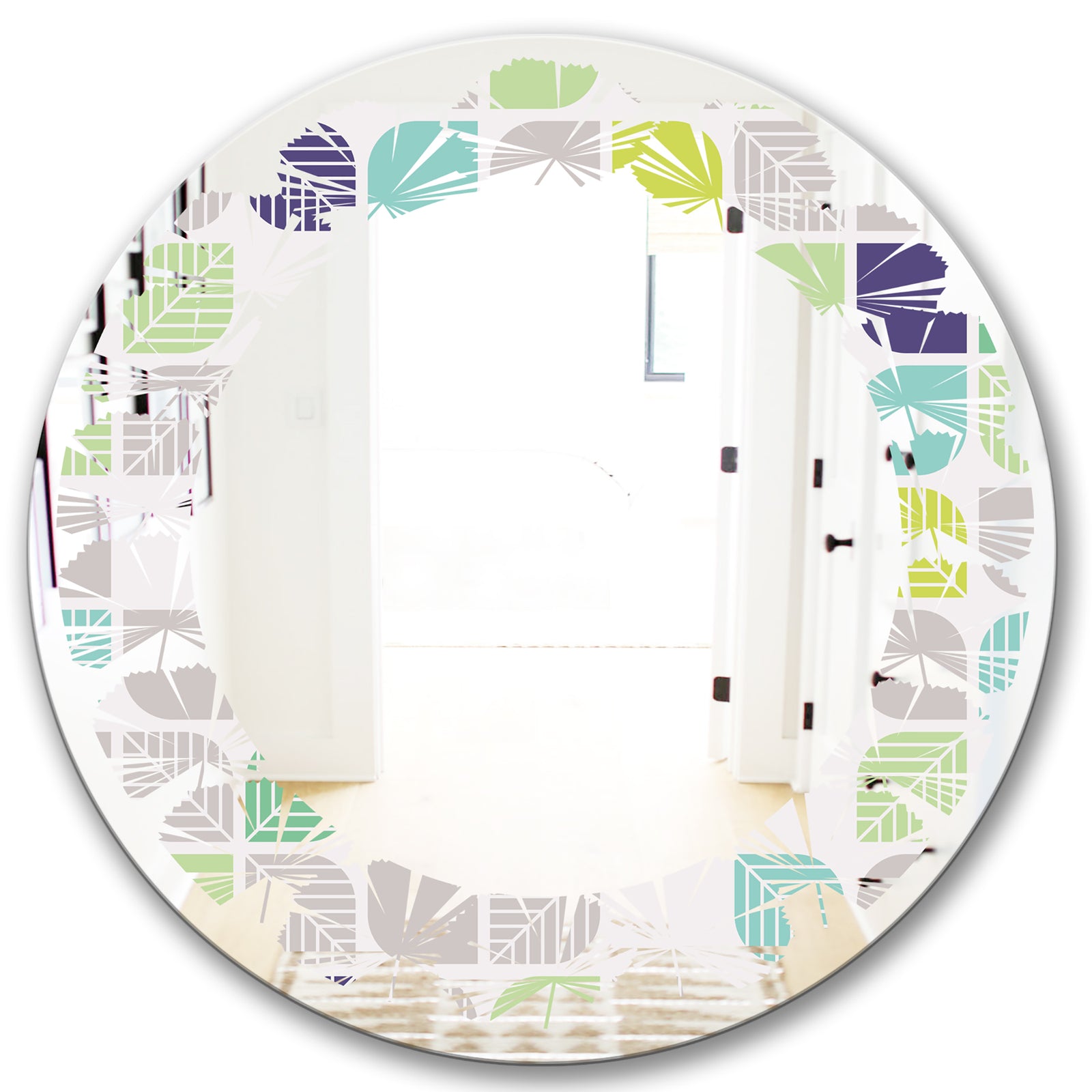 geometric pattern with leaves - Modern Round or Oval Wall Mirror - Leaves