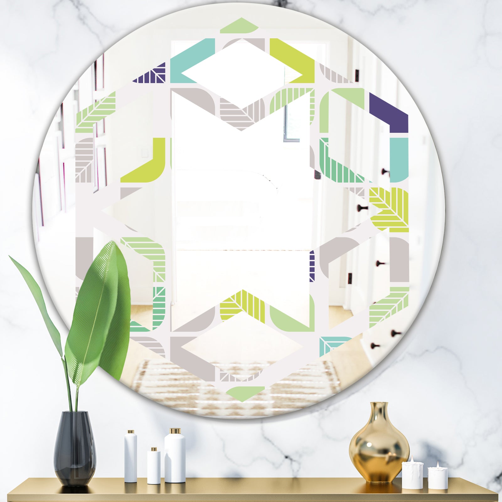 geometric pattern with leaves - Modern Round or Oval Wall Mirror - Hexagon Star