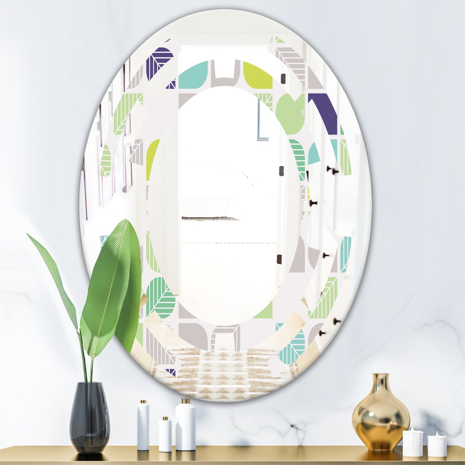 geometric pattern with leaves - Modern Round or Oval Wall Mirror - Space