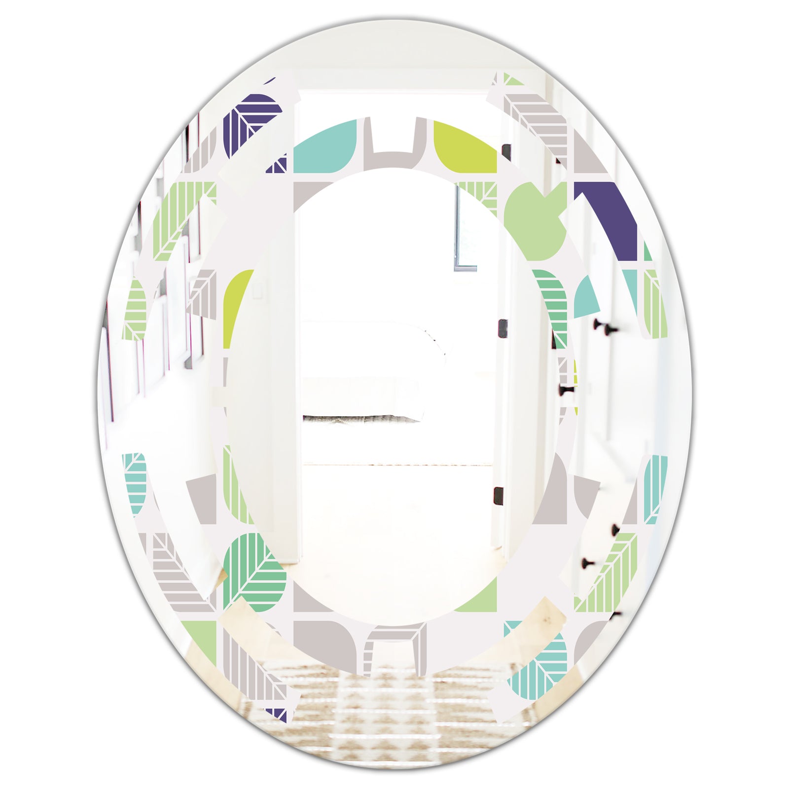 geometric pattern with leaves - Modern Round or Oval Wall Mirror - Space
