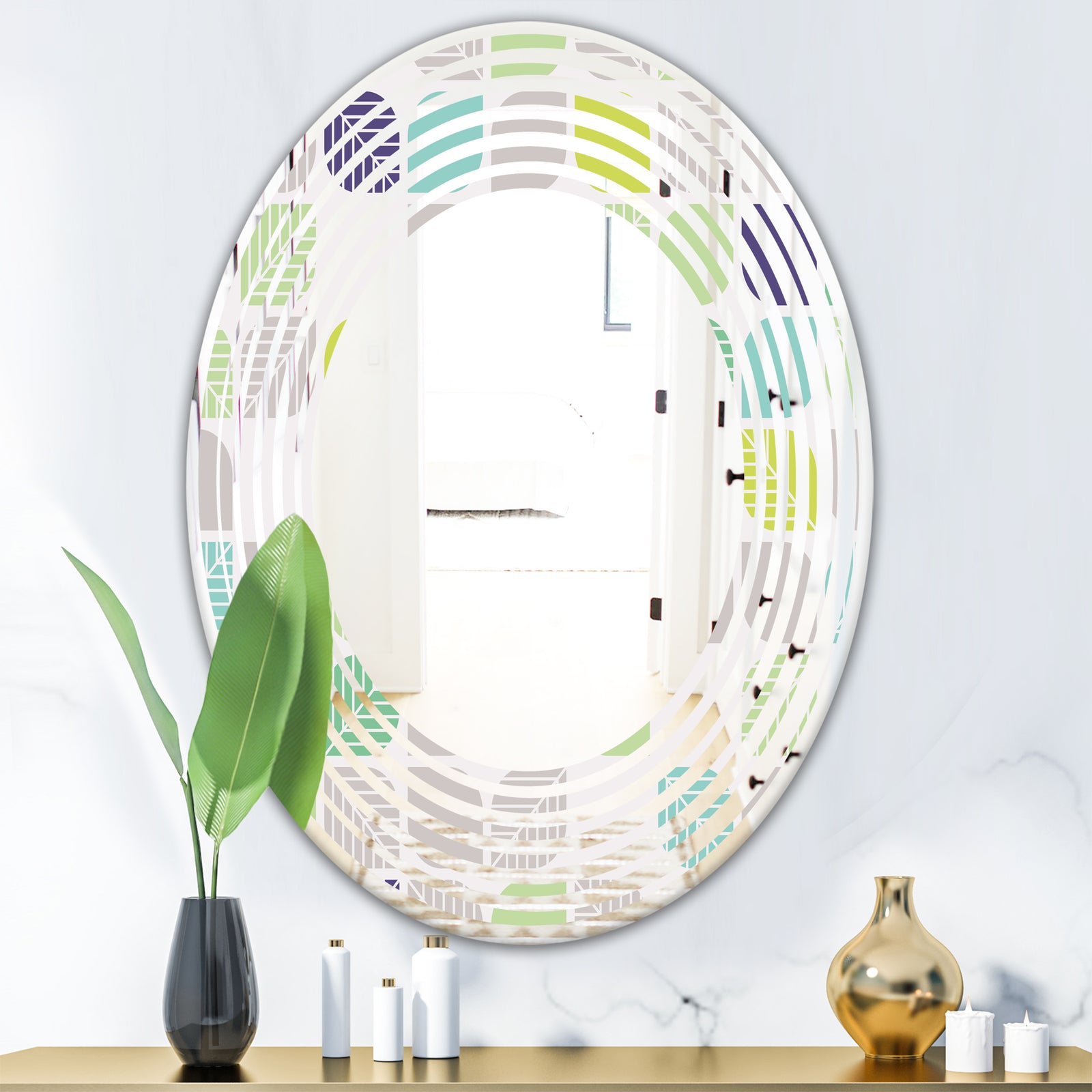 geometric pattern with leaves - Modern Round or Oval Wall Mirror - Wave