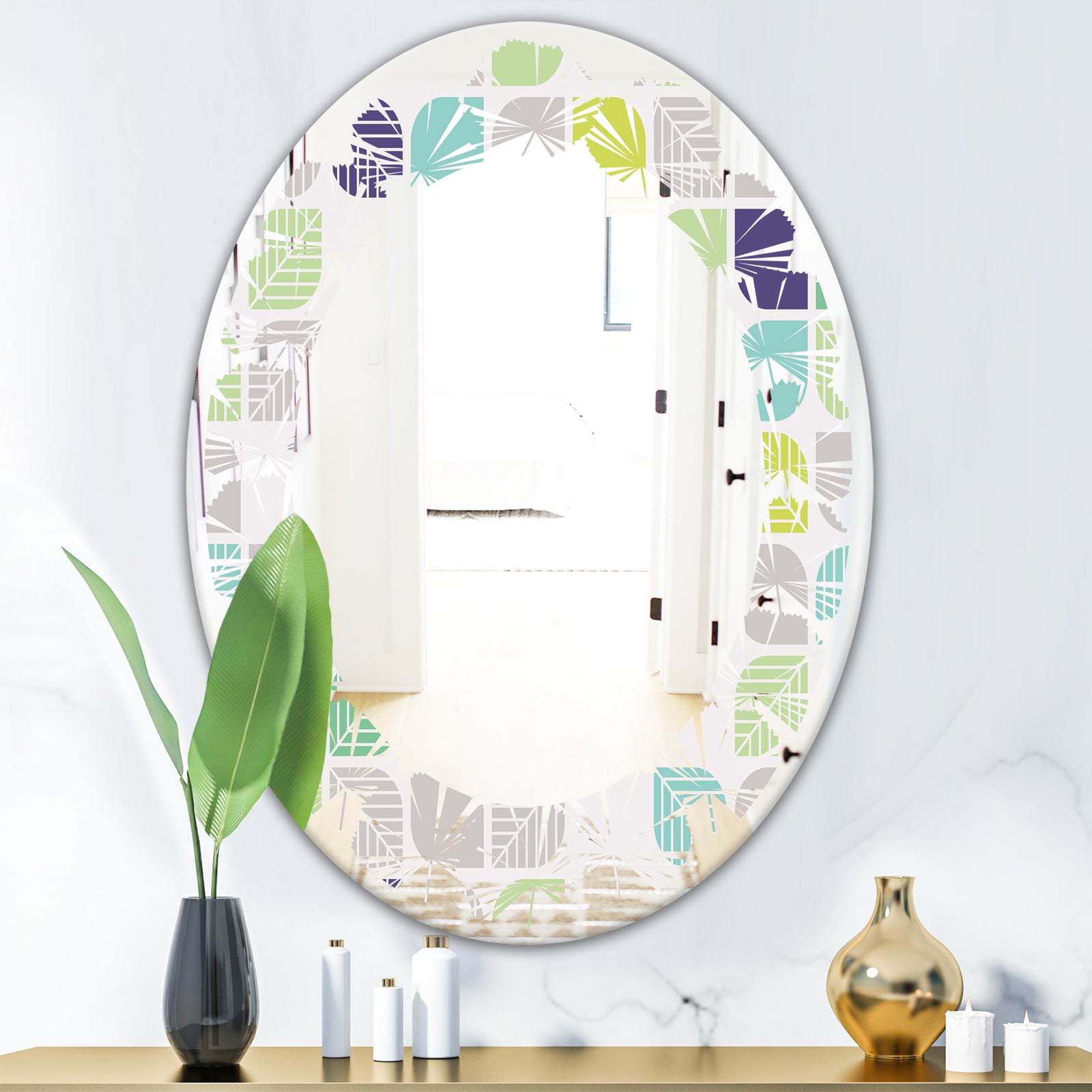 geometric pattern with leaves - Modern Round or Oval Wall Mirror - Leaves