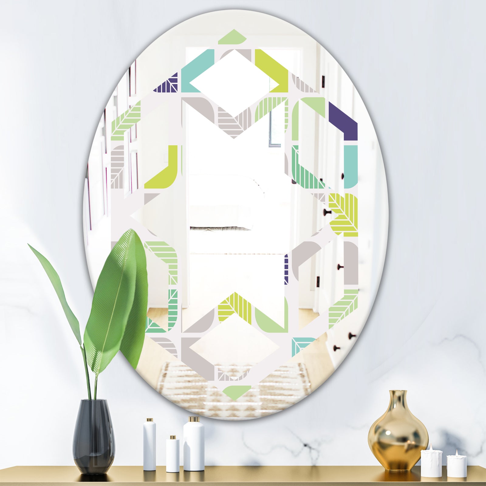 geometric pattern with leaves - Modern Round or Oval Wall Mirror - Hexagon Star