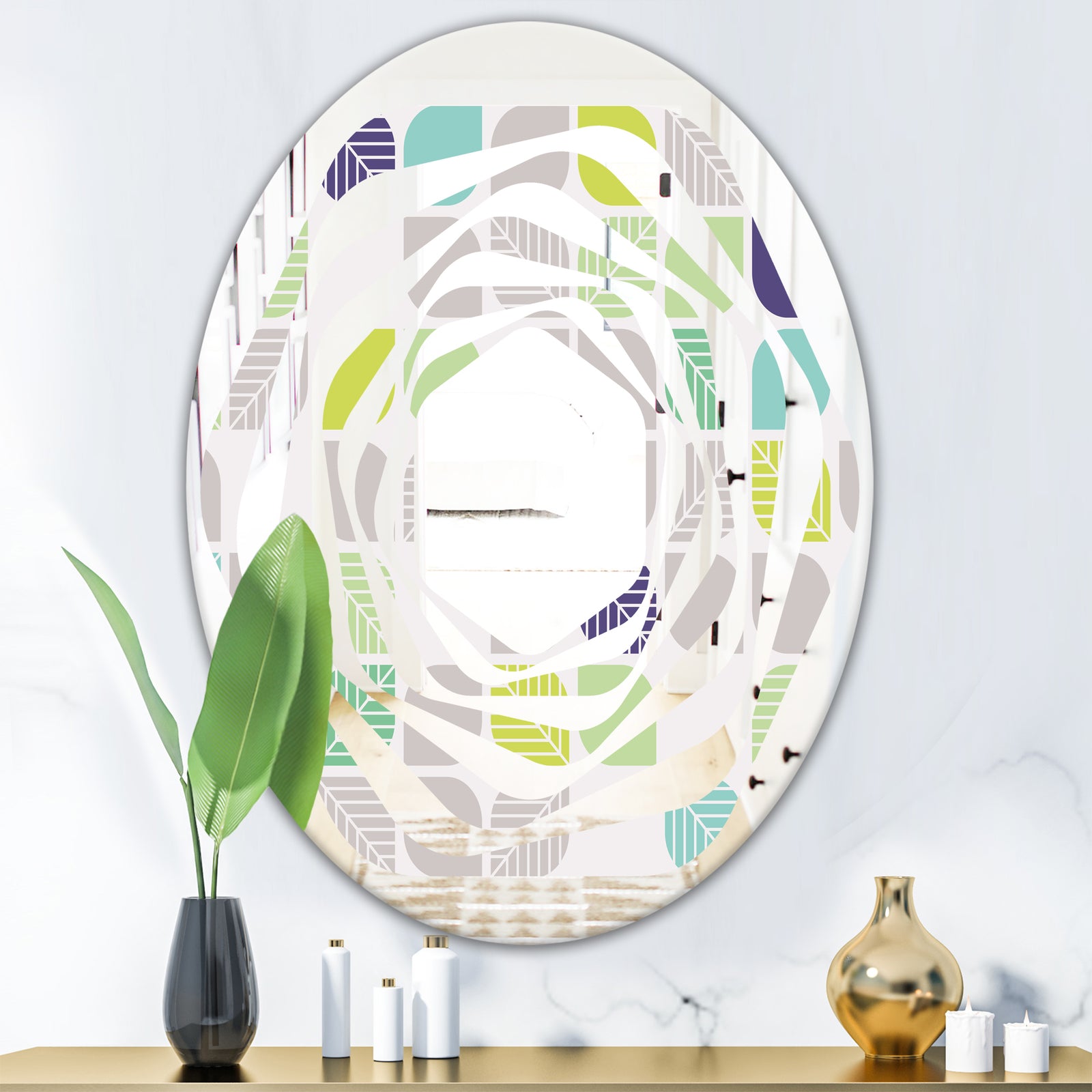 geometric pattern with leaves - Modern Round or Oval Wall Mirror - Whirl