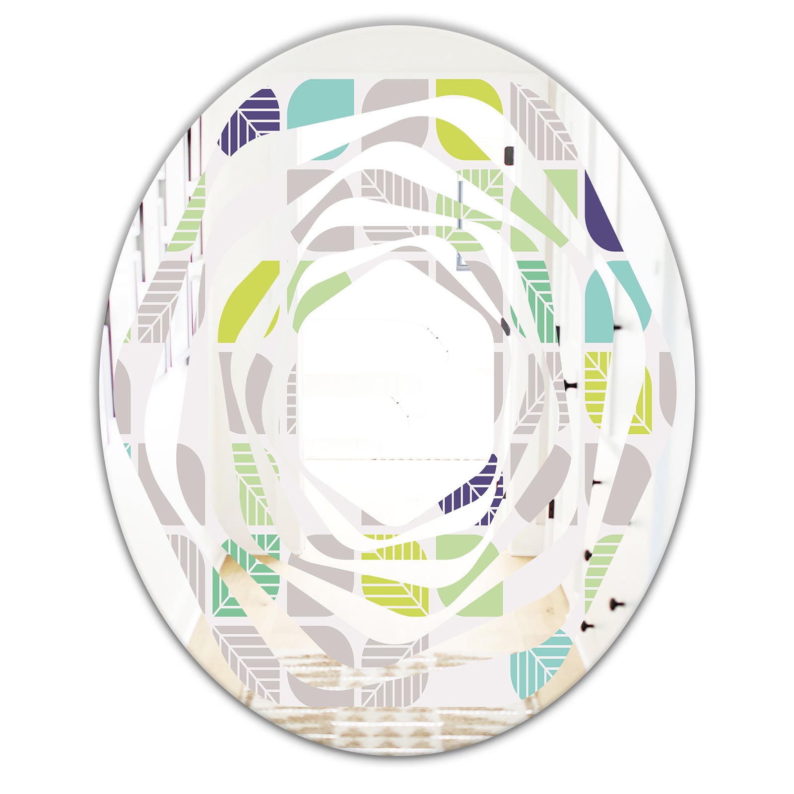 geometric pattern with leaves - Modern Round or Oval Wall Mirror - Whirl