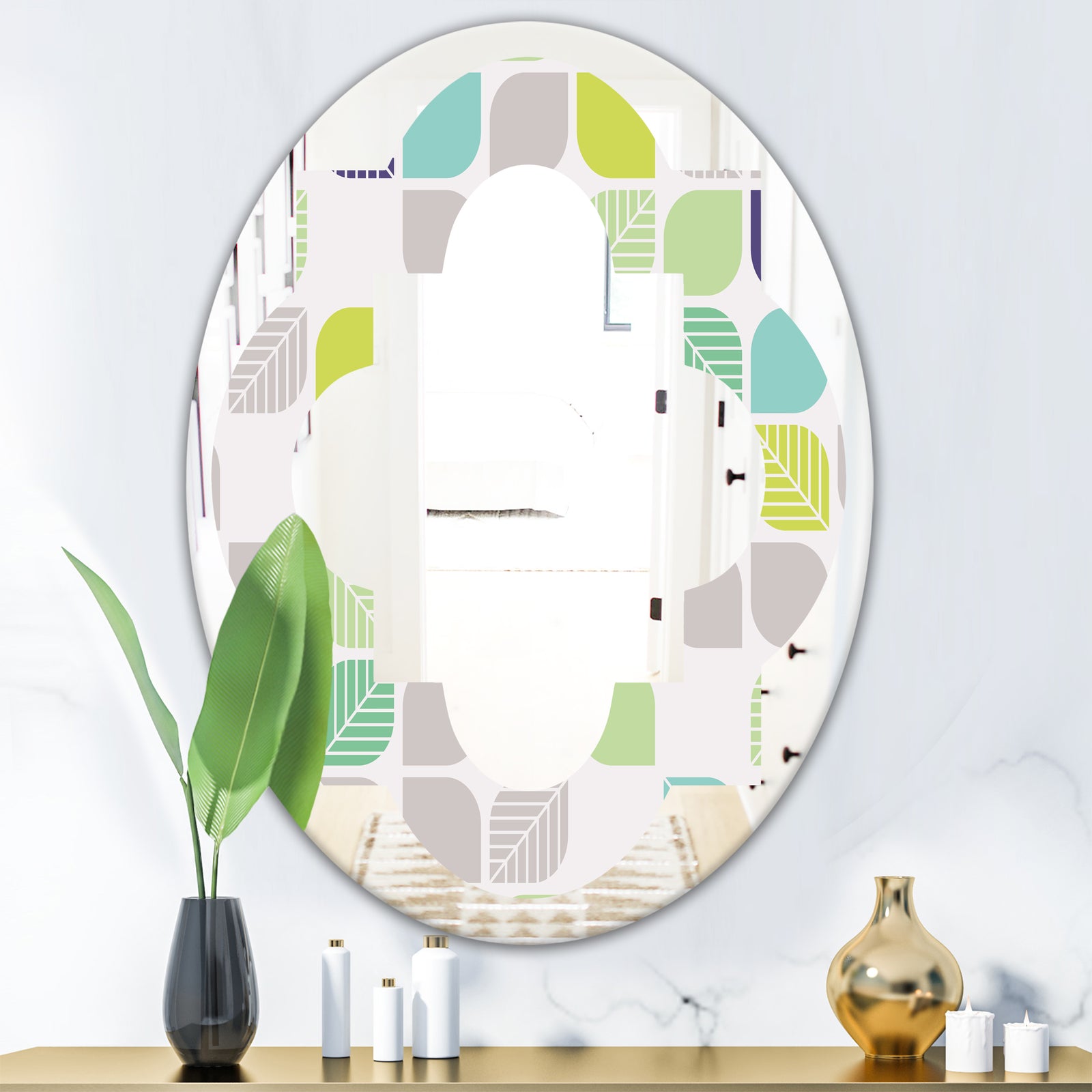 geometric pattern with leaves - Modern Round or Oval Wall Mirror - Quatrefoil
