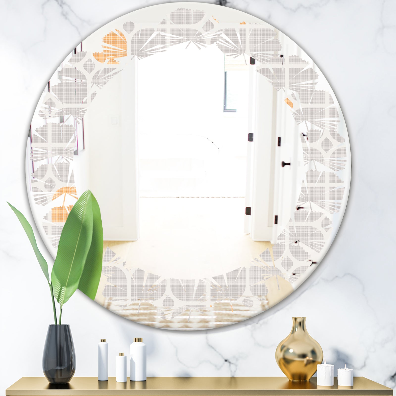 Retro Geometrical Pattern II - Modern Round or Oval Wall Mirror - Leaves