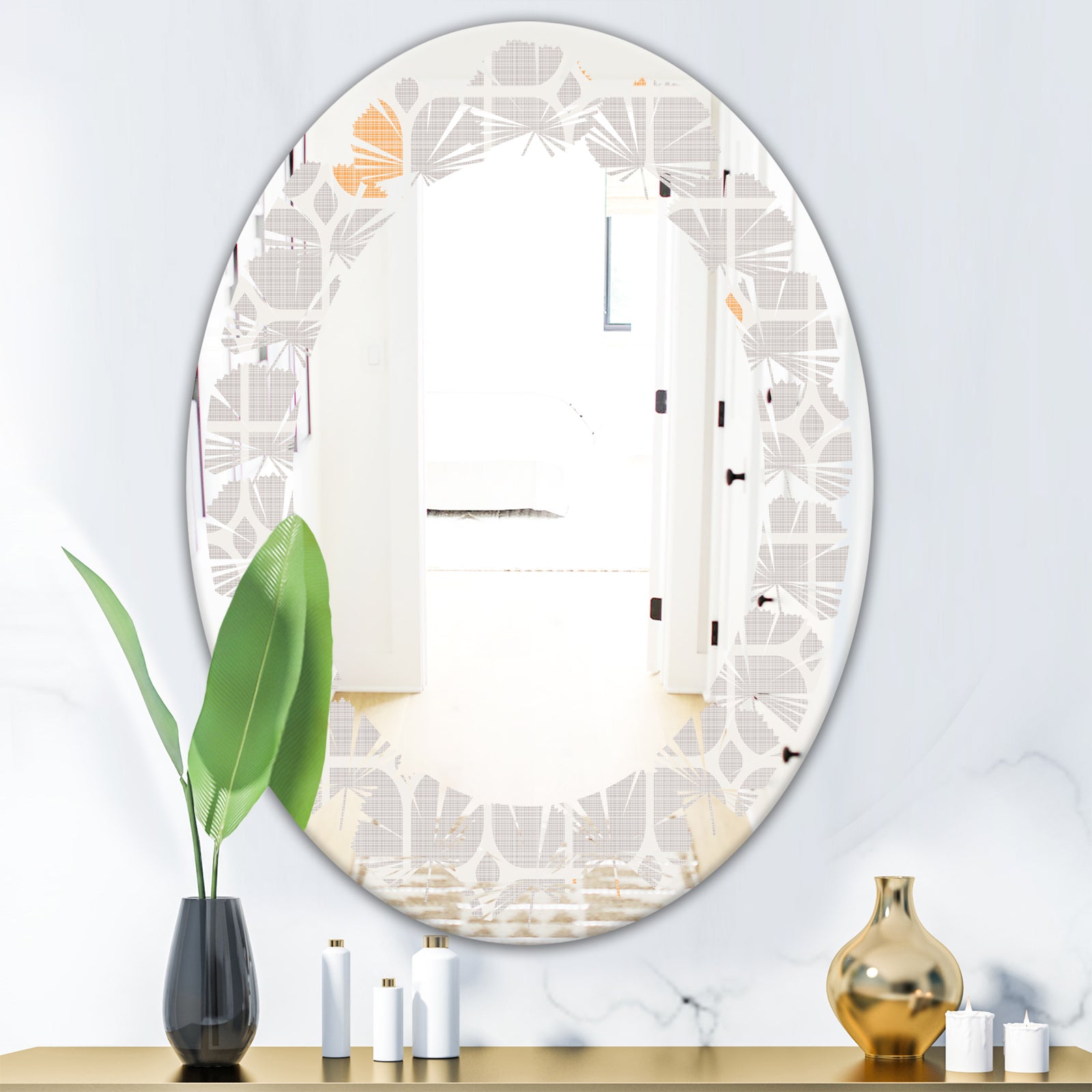Retro Geometrical Pattern II - Modern Round or Oval Wall Mirror - Leaves