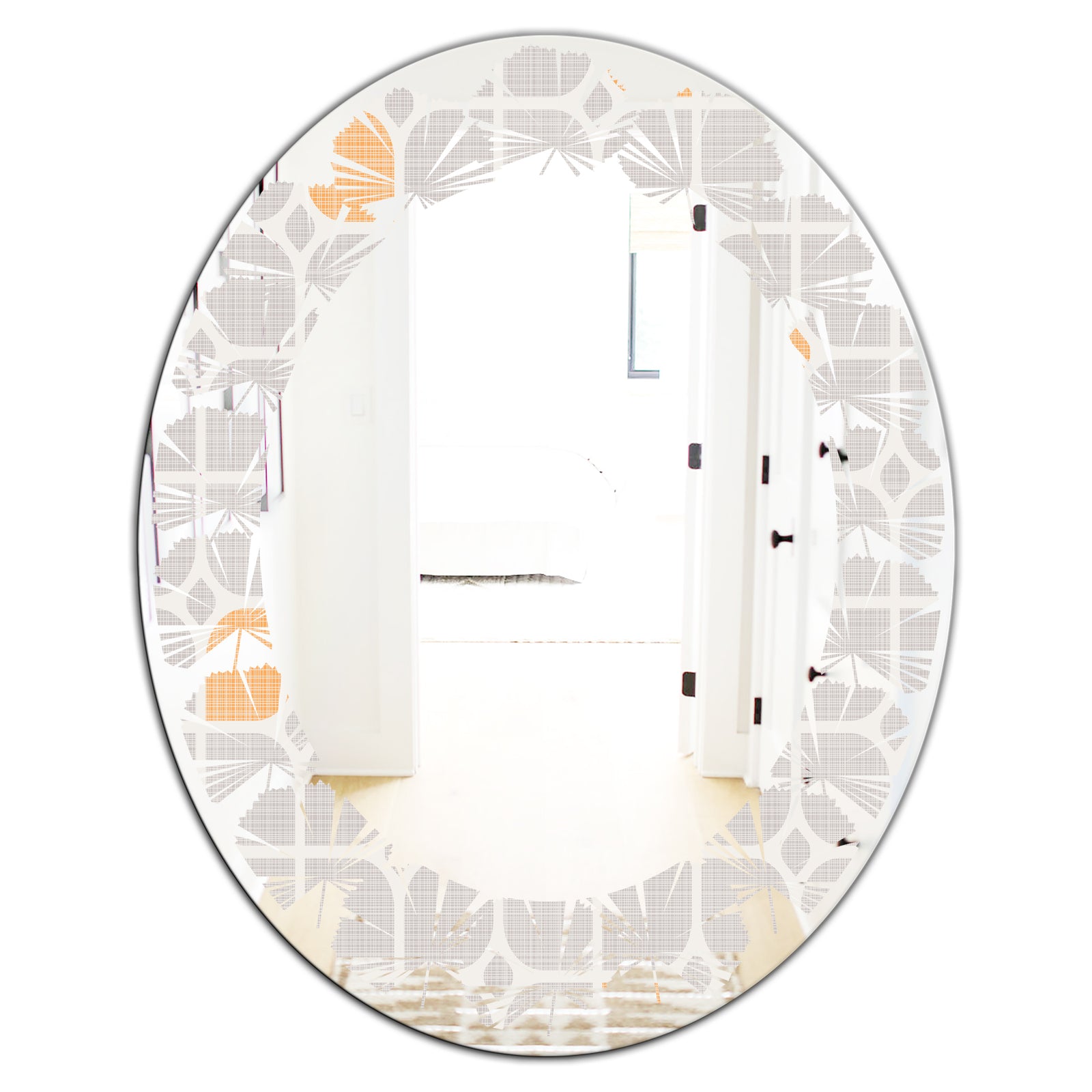Retro Geometrical Pattern II - Modern Round or Oval Wall Mirror - Leaves