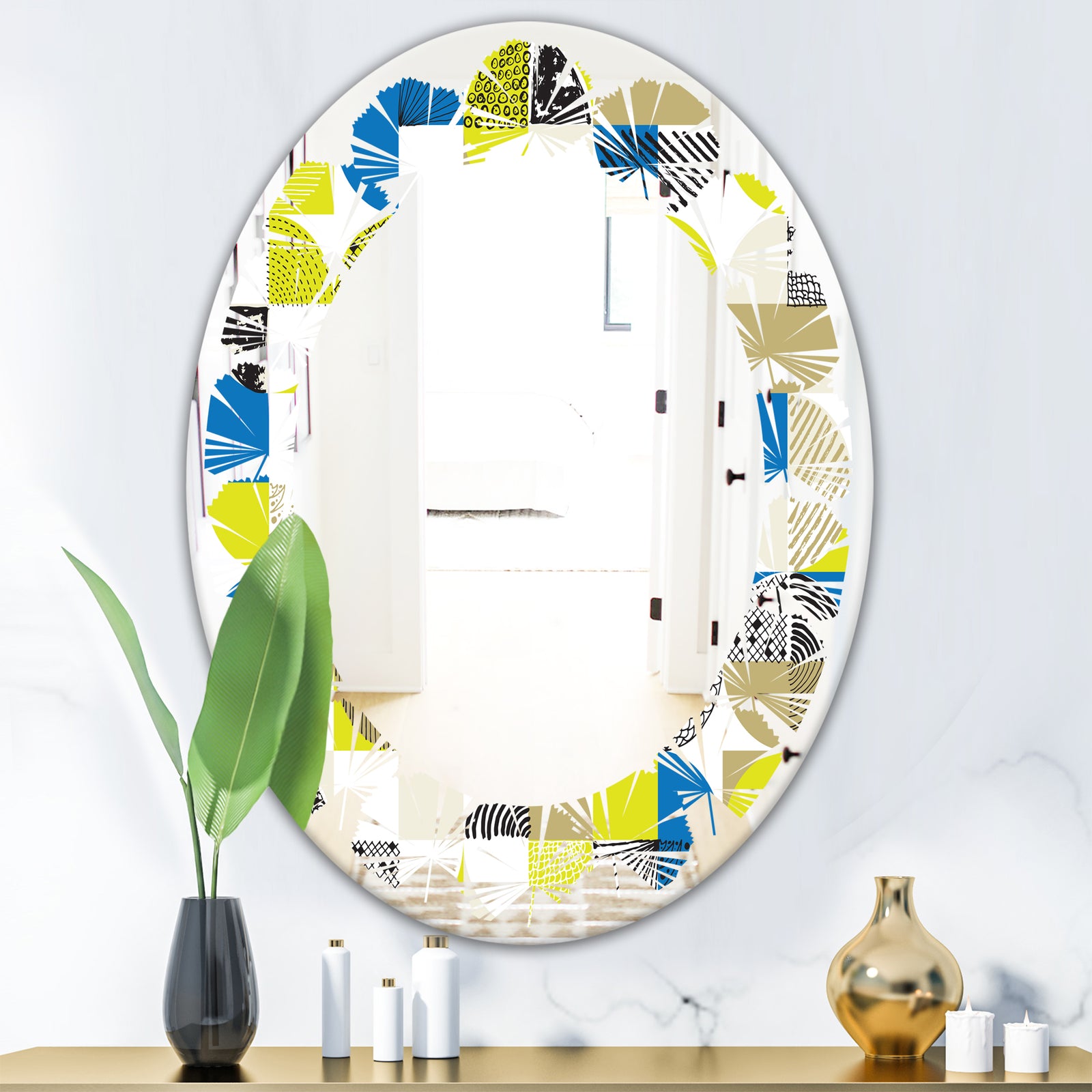 Circular Retro Design I - Modern Round or Oval Wall Mirror - Leaves