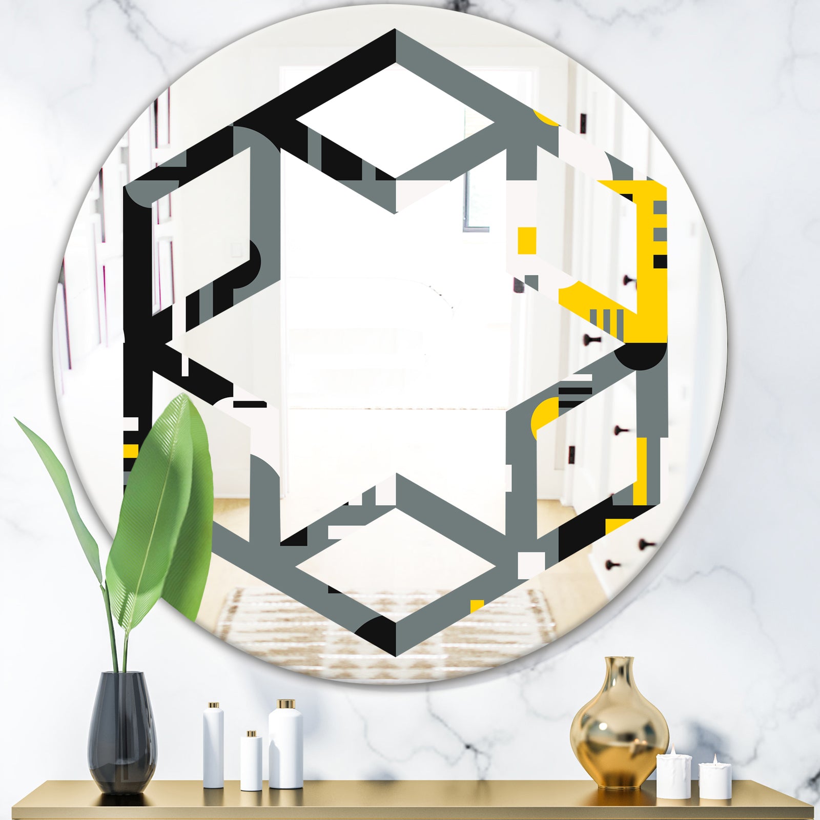 Retro Abstract Design I - Modern Round or Oval Wall Mirror - Hexagon Star