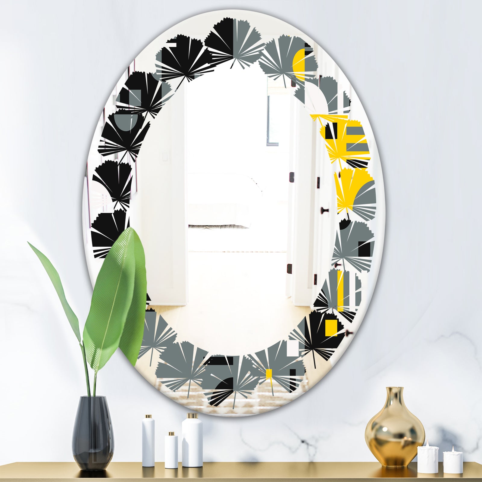Retro Abstract Design I - Modern Round or Oval Wall Mirror - Leaves