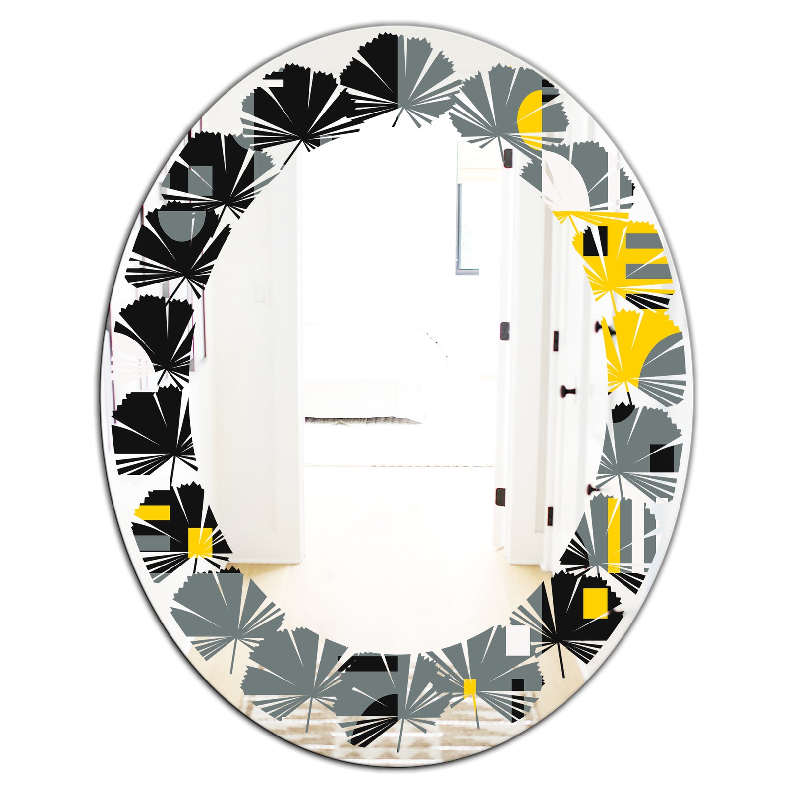 Retro Abstract Design I - Modern Round or Oval Wall Mirror - Leaves