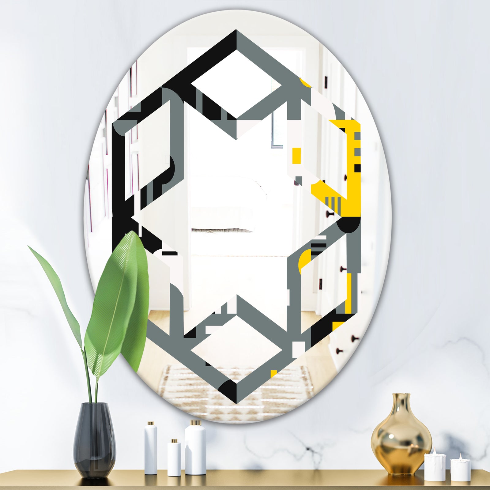 Retro Abstract Design I - Modern Round or Oval Wall Mirror - Hexagon Star