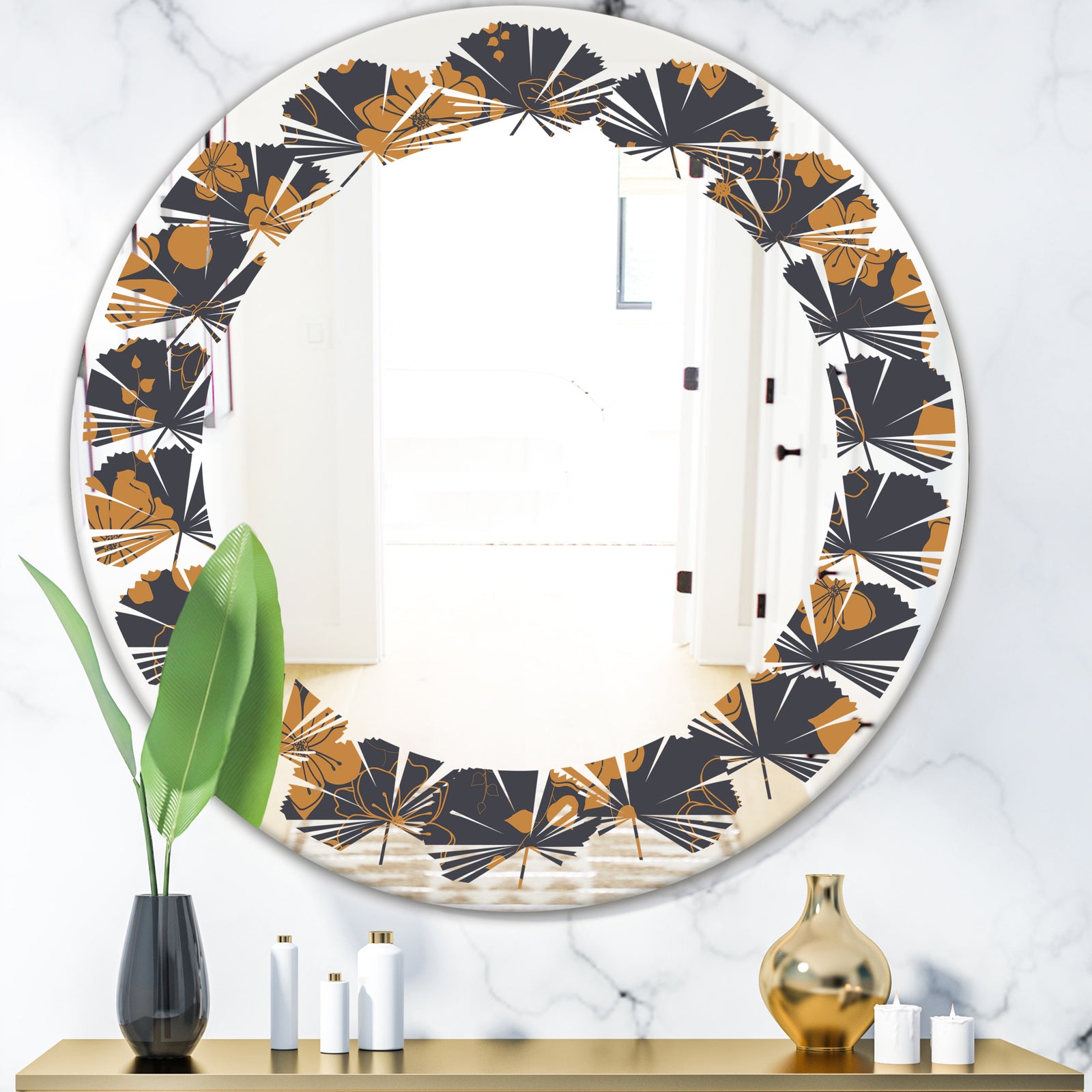 Retro Handdrawn Poppies II - Cottage Round or Oval Wall Mirror - Leaves