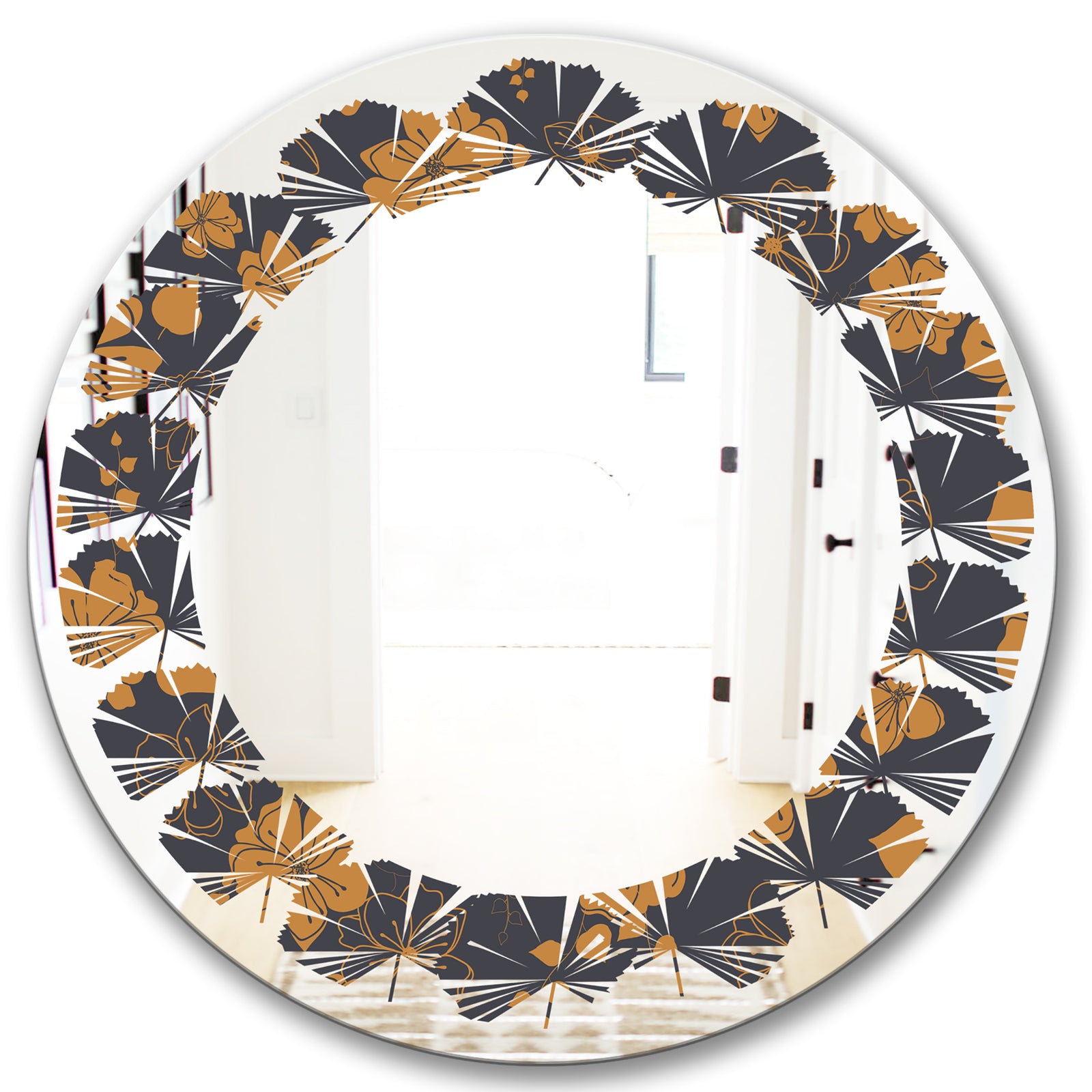 Retro Handdrawn Poppies II - Cottage Round or Oval Wall Mirror - Leaves
