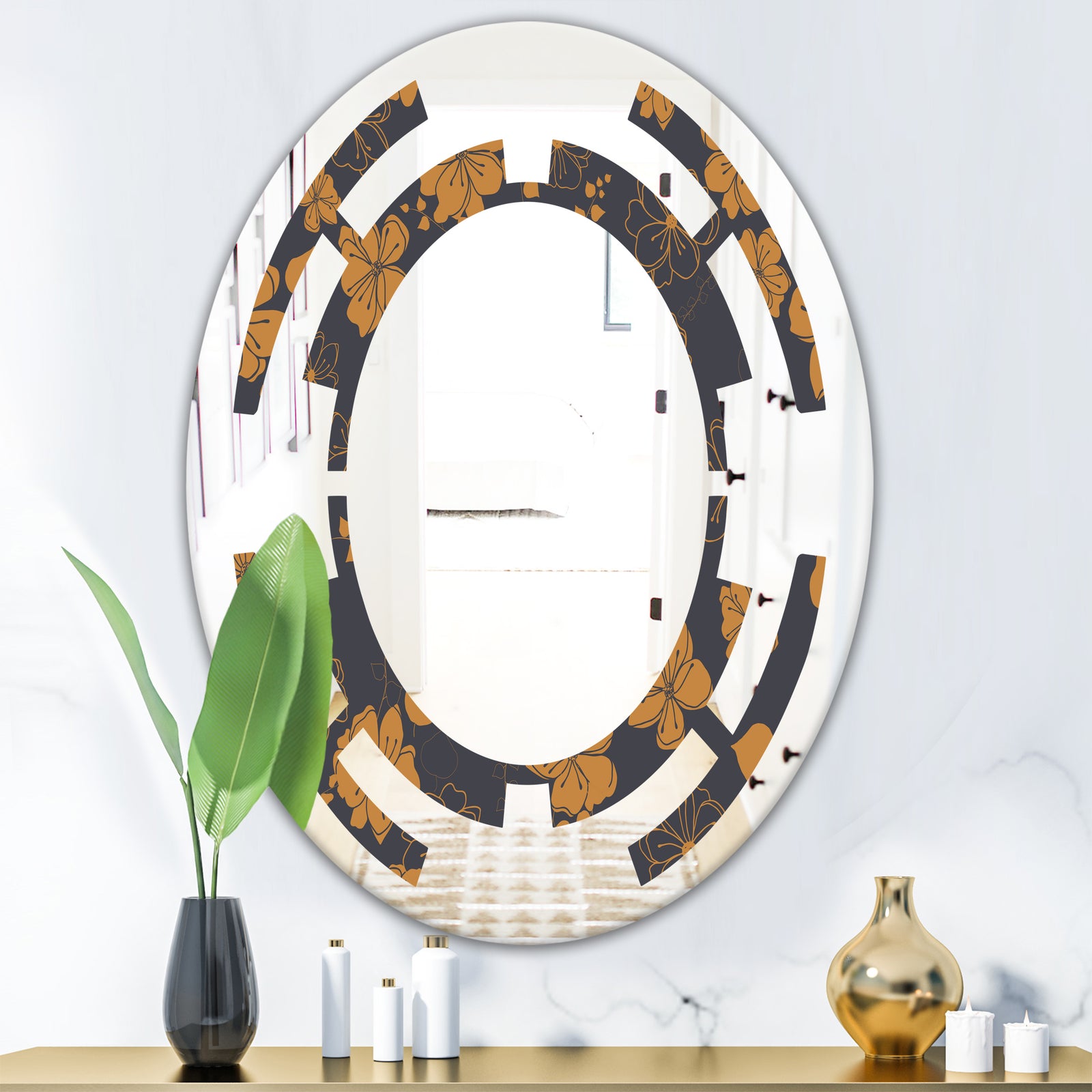 Retro Handdrawn Poppies II - Cottage Round or Oval Wall Mirror - Space