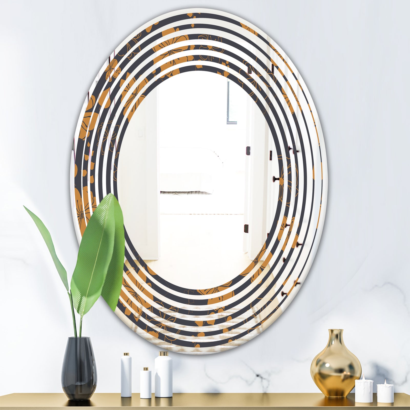 Retro Handdrawn Poppies II - Cottage Round or Oval Wall Mirror - Wave