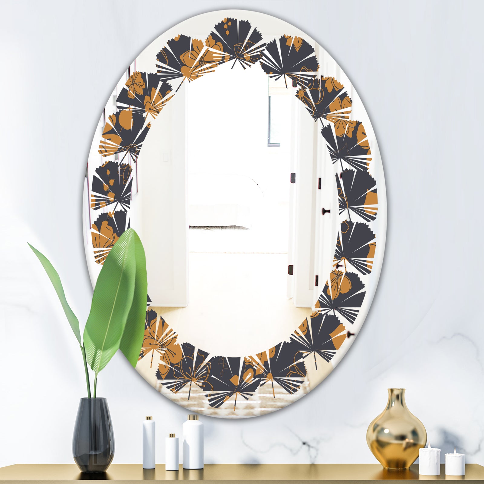 Retro Handdrawn Poppies II - Cottage Round or Oval Wall Mirror - Leaves