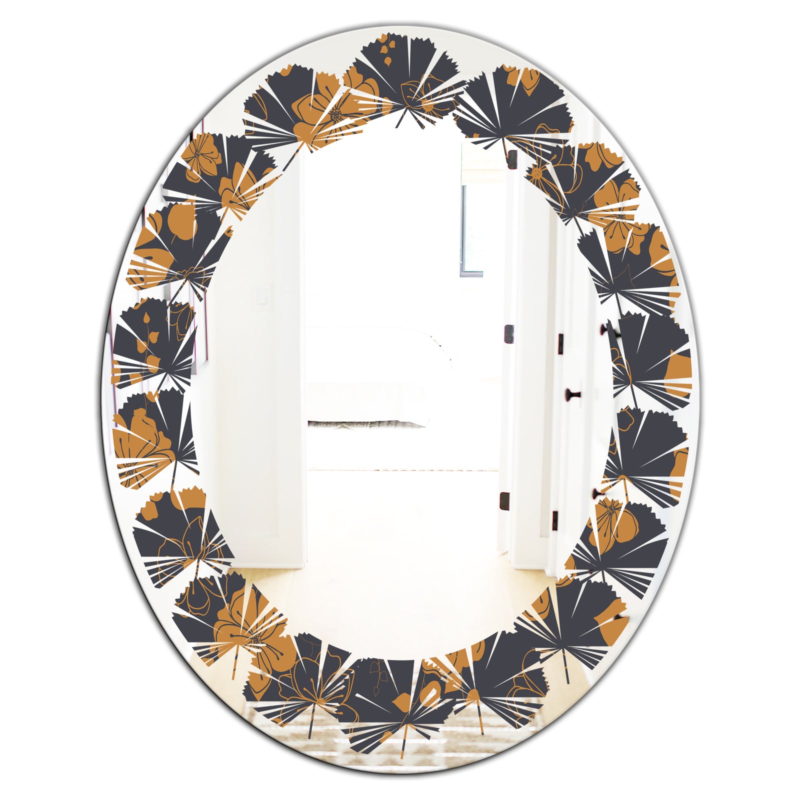 Retro Handdrawn Poppies II - Cottage Round or Oval Wall Mirror - Leaves