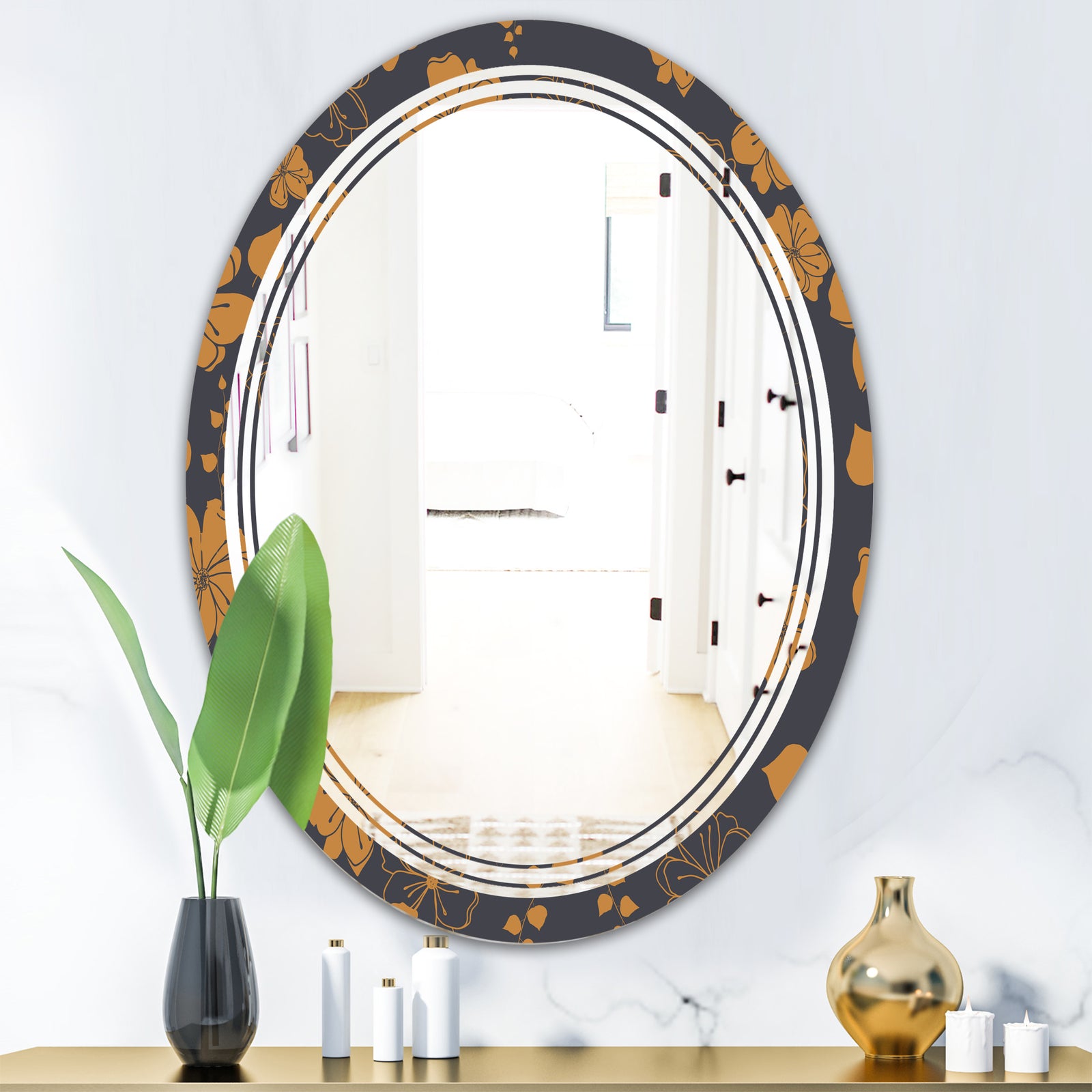 Retro Handdrawn Poppies II - Cottage Round or Oval Wall Mirror - Triple C
