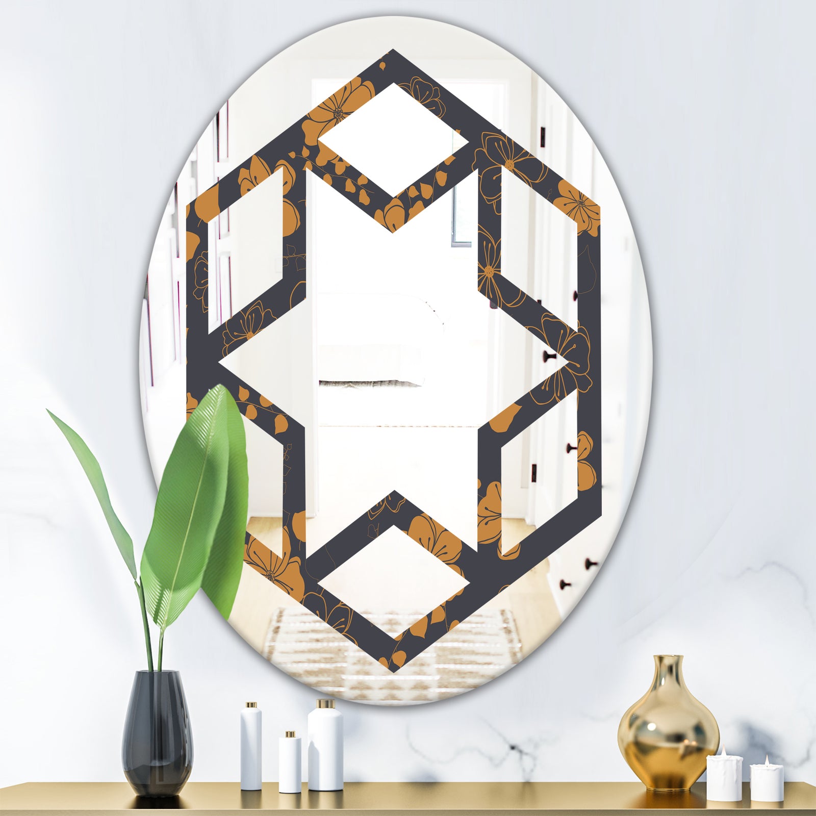 Retro Handdrawn Poppies II - Cottage Round or Oval Wall Mirror - Hexagon Star