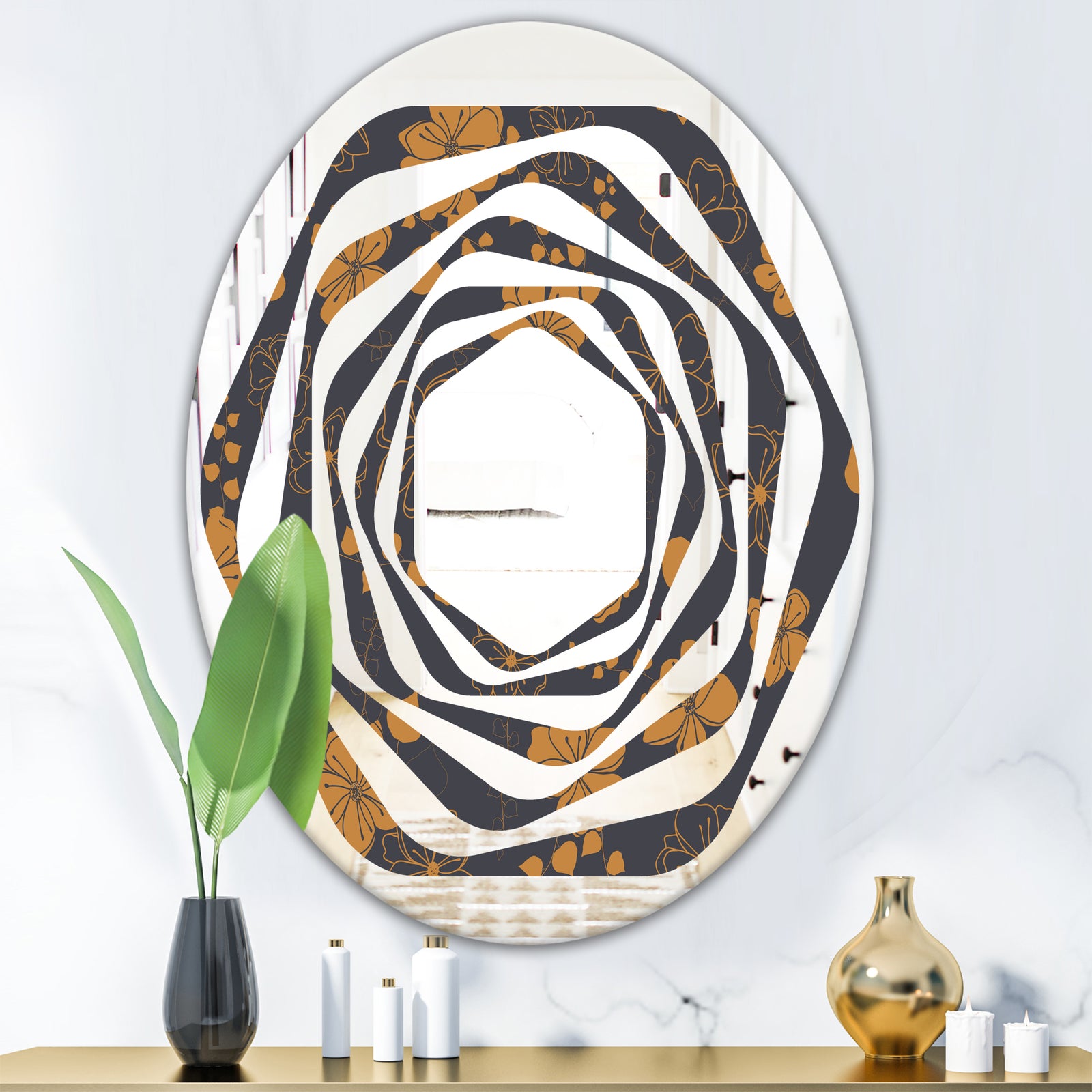 Retro Handdrawn Poppies II - Cottage Round or Oval Wall Mirror - Whirl