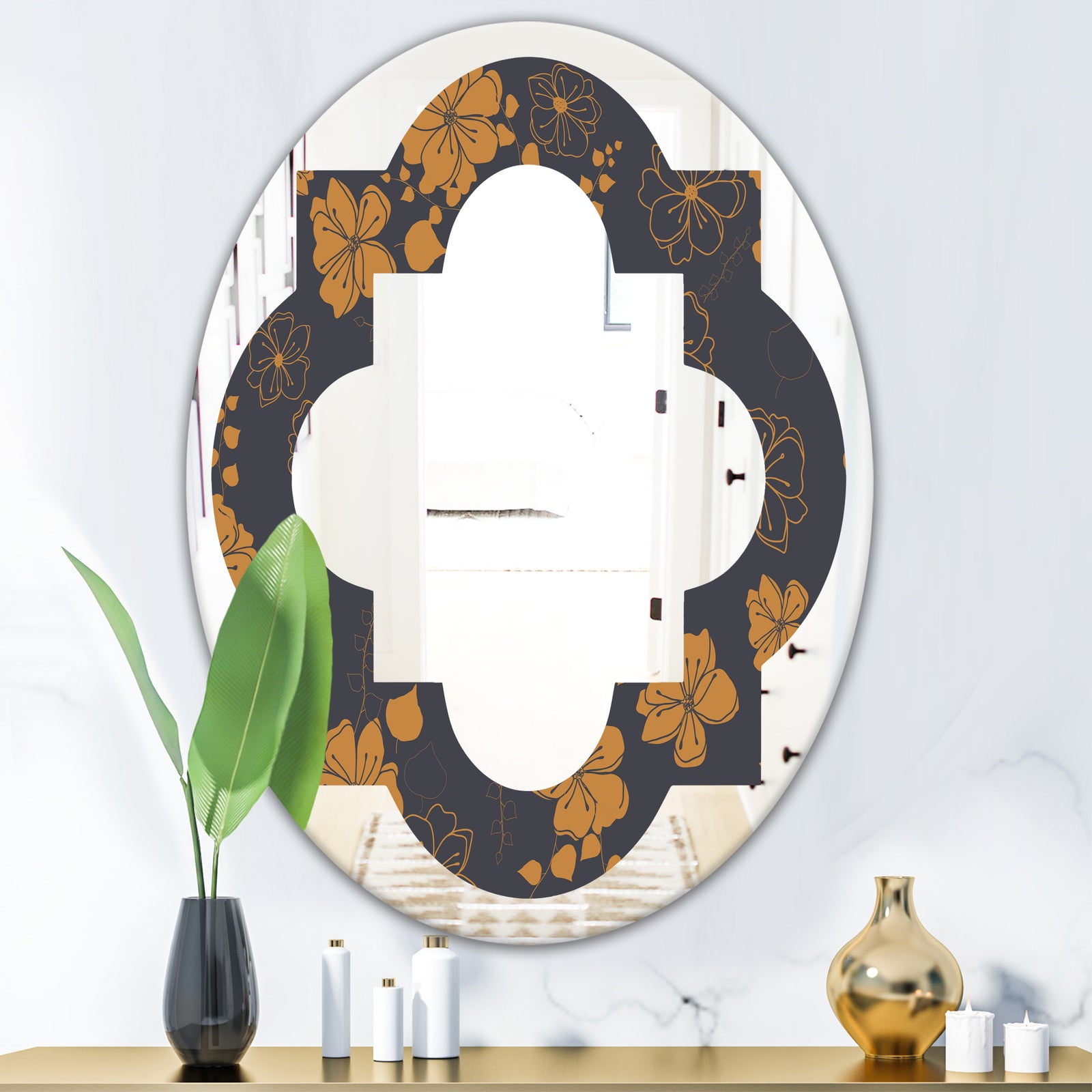 Retro Handdrawn Poppies II - Cottage Round or Oval Wall Mirror - Quatrefoil