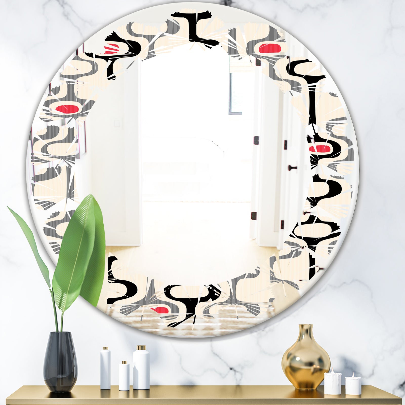 Retro Abstract Design IX - Modern Round or Oval Wall Mirror - Leaves