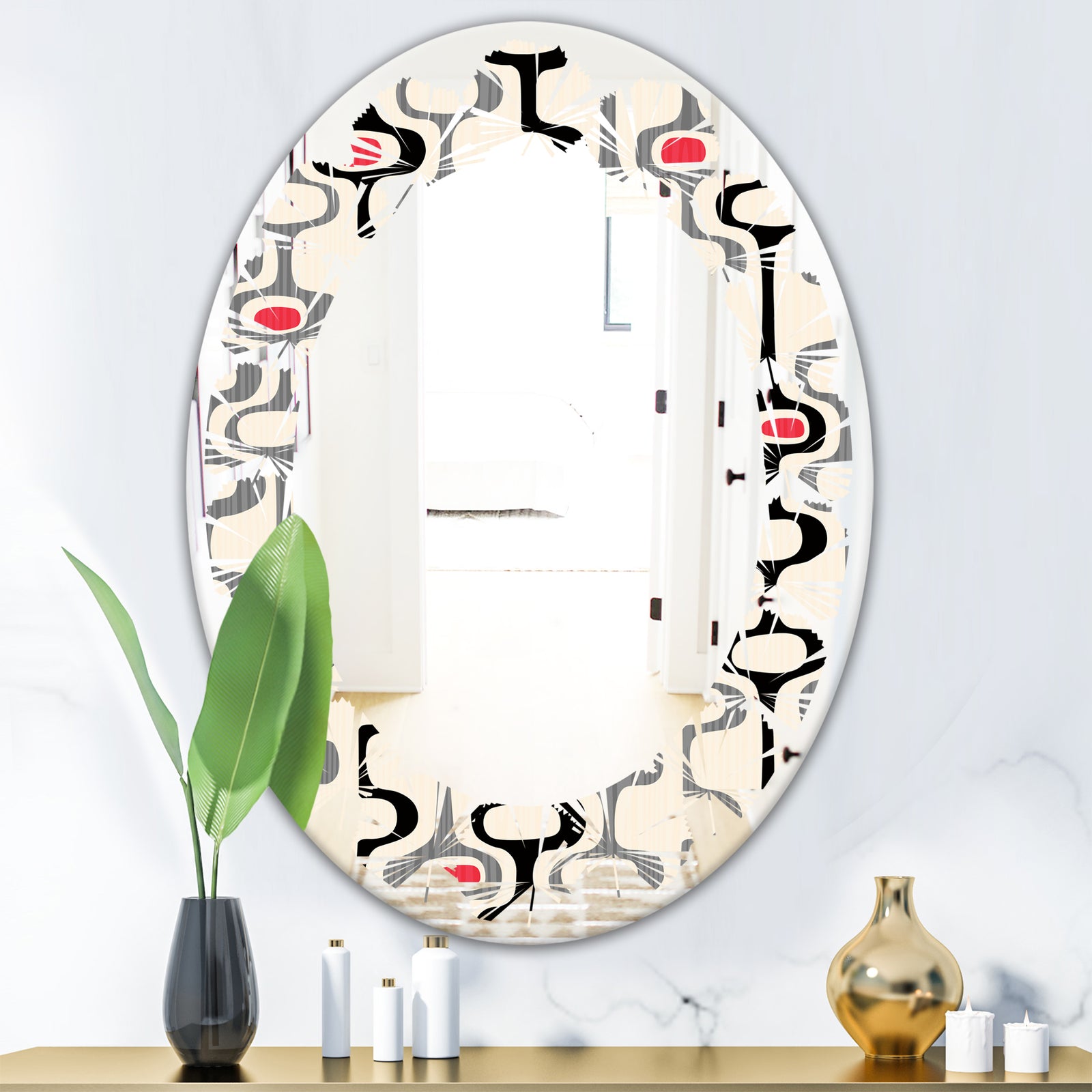 Retro Abstract Design IX - Modern Round or Oval Wall Mirror - Leaves