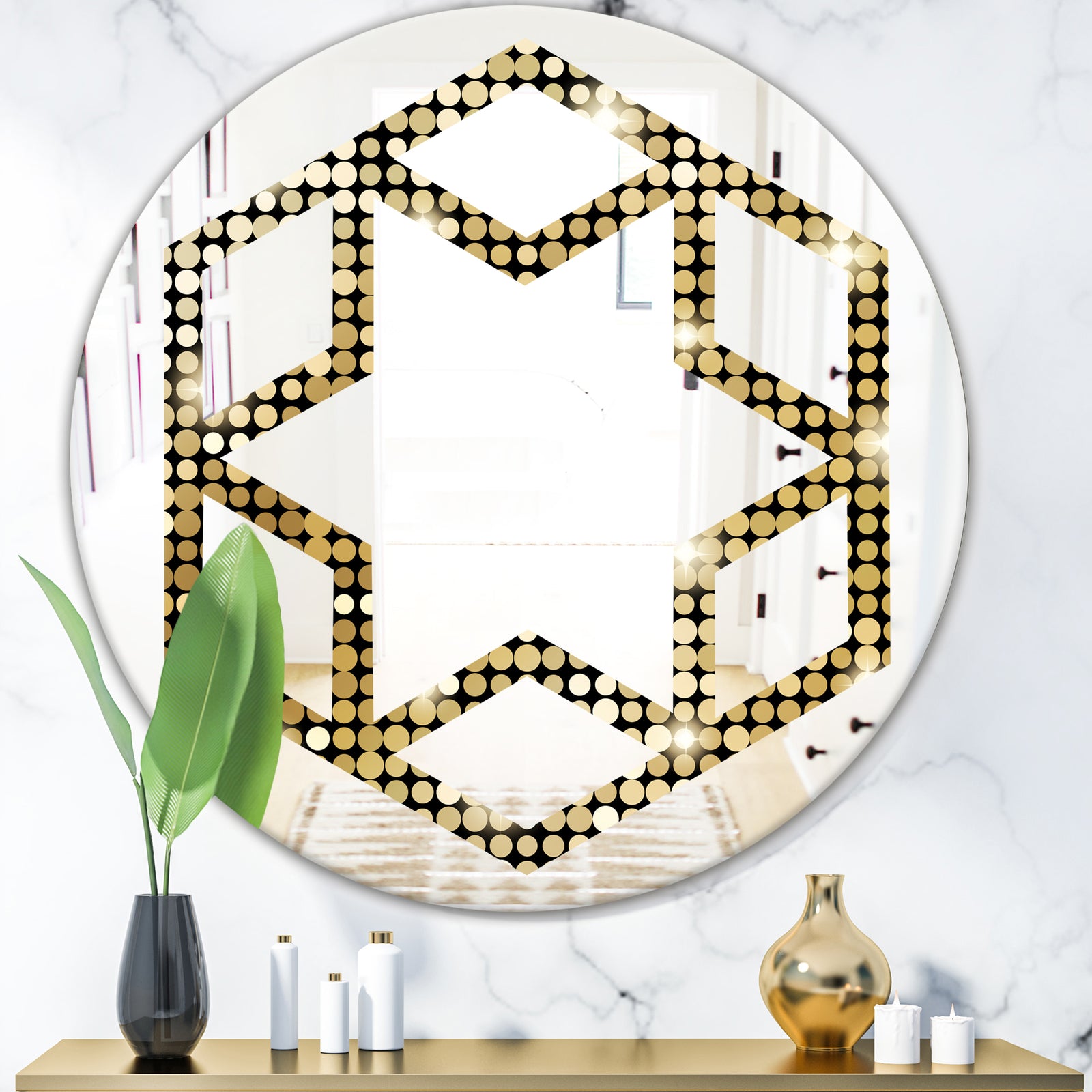Abstract Gold Mosaic - Modern Round or Oval Wall Mirror - Hexagon Star
