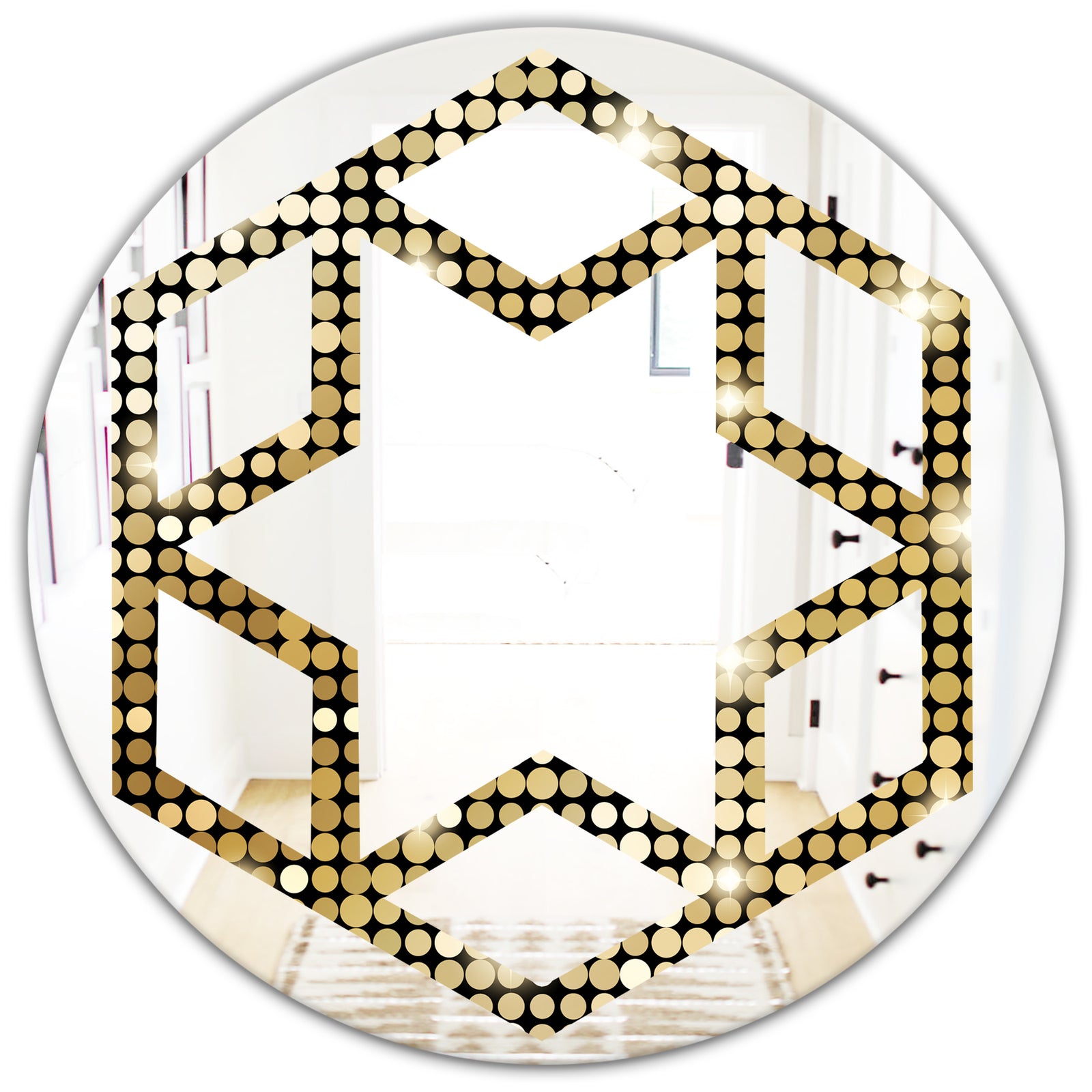 Abstract Gold Mosaic - Modern Round or Oval Wall Mirror - Hexagon Star