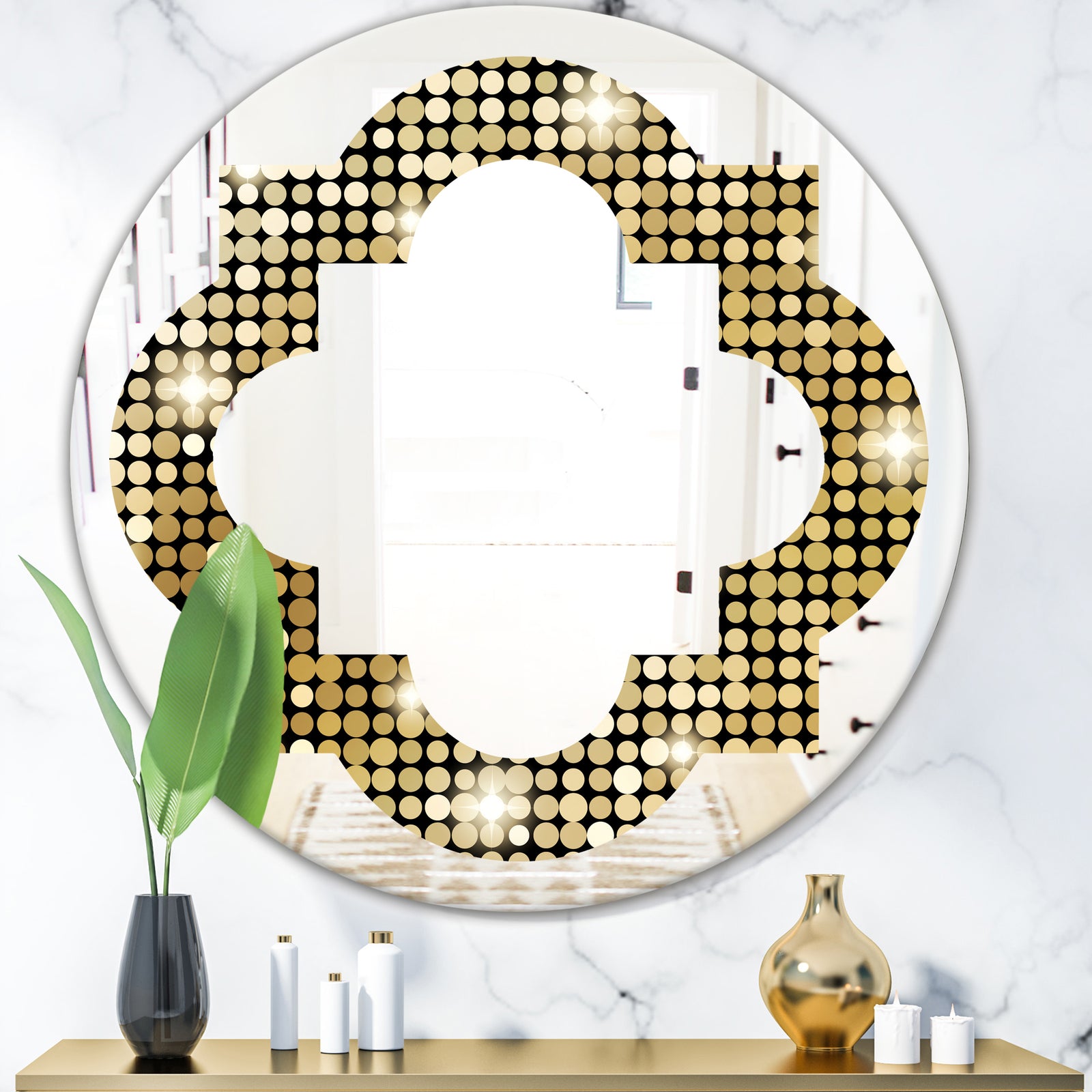 Abstract Gold Mosaic - Modern Round or Oval Wall Mirror - Quatrefoil