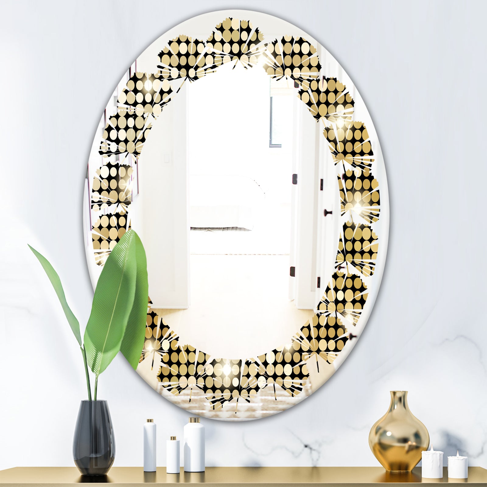 Abstract Gold Mosaic - Modern Round or Oval Wall Mirror - Leaves