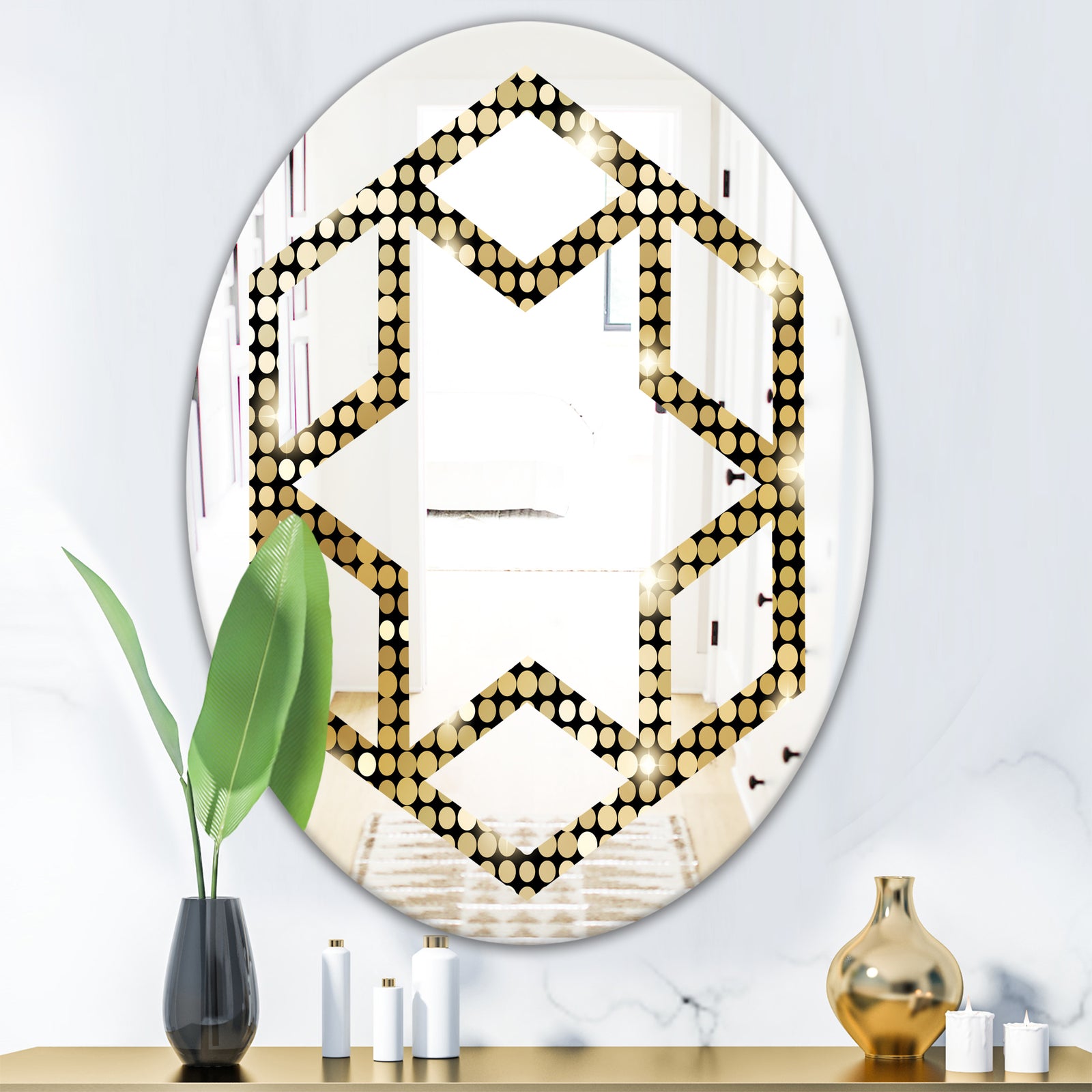 Abstract Gold Mosaic - Modern Round or Oval Wall Mirror - Hexagon Star