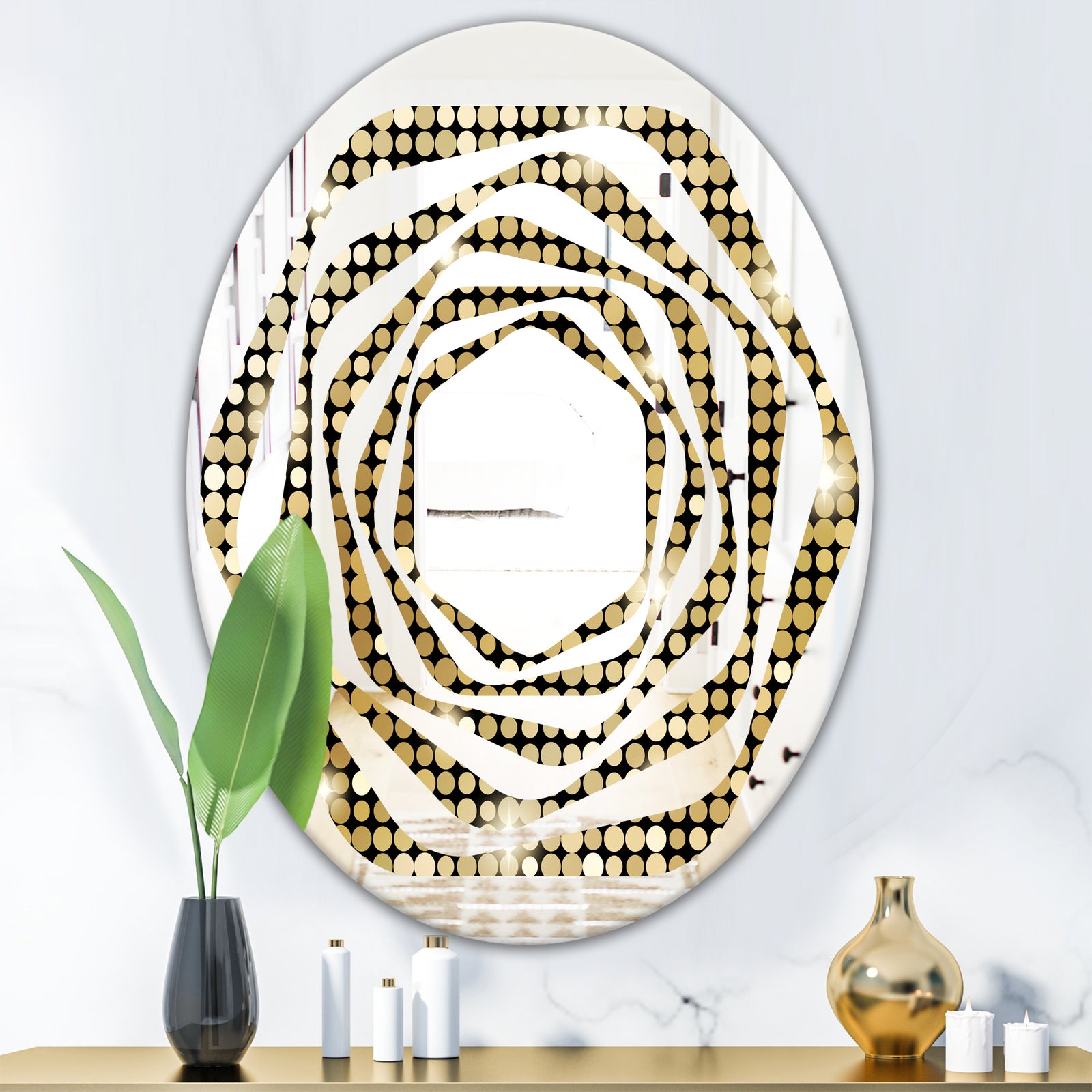 Abstract Gold Mosaic - Modern Round or Oval Wall Mirror - Whirl
