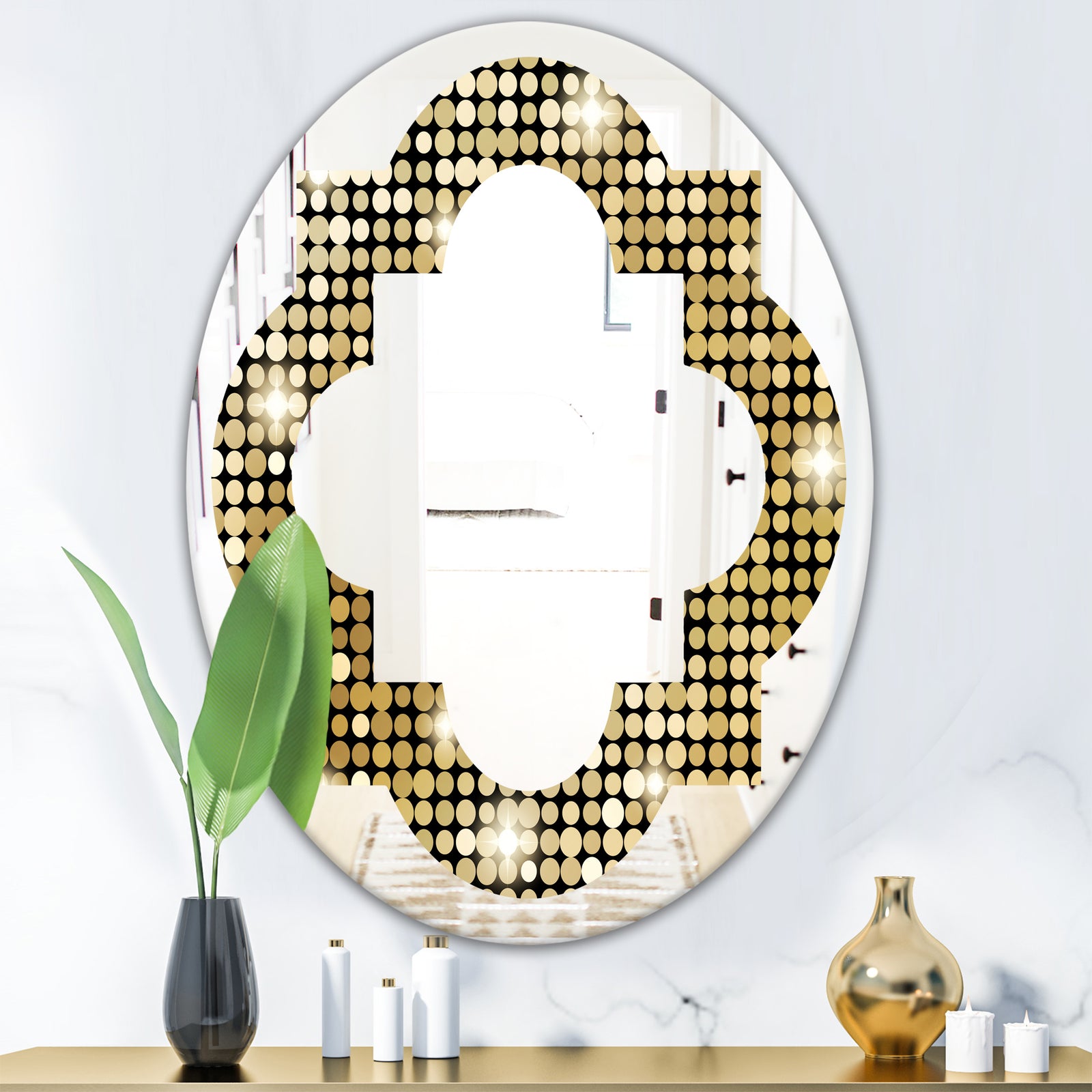 Abstract Gold Mosaic - Modern Round or Oval Wall Mirror - Quatrefoil